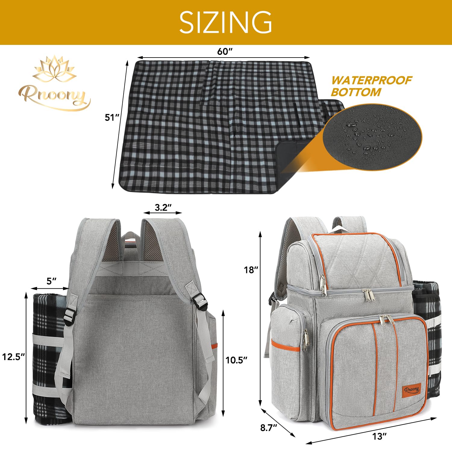Rnoony Großer Picknickrucksack für 2, Picknickkorb für 2 mit isoliertem Kühler und Flaschentasche, Picknicktasche mit Leichter Decke und Besteckset für Familie, Paar und Wandern
