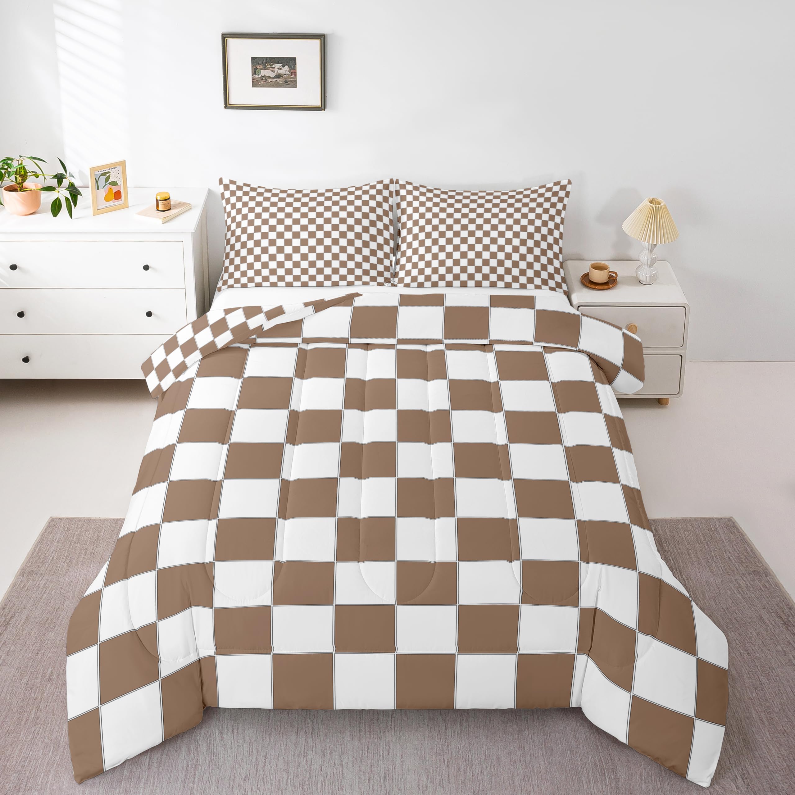 Erosebridal Geometric Checkered Quilt Set White Khaki Checkerboard Grid Bedding Set King,Buffalo Plaid Gingham Comforter Set for Kids Adults Men Geometrical Bed Set Modern Room Decor