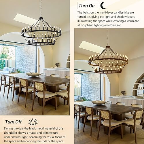 Vista 12 de Candelabro de iluminación de rueda de carro, 6 luces con pantalla de vidrio semillado, lámpara redonda de madera para cocina, isla de vestíbulo