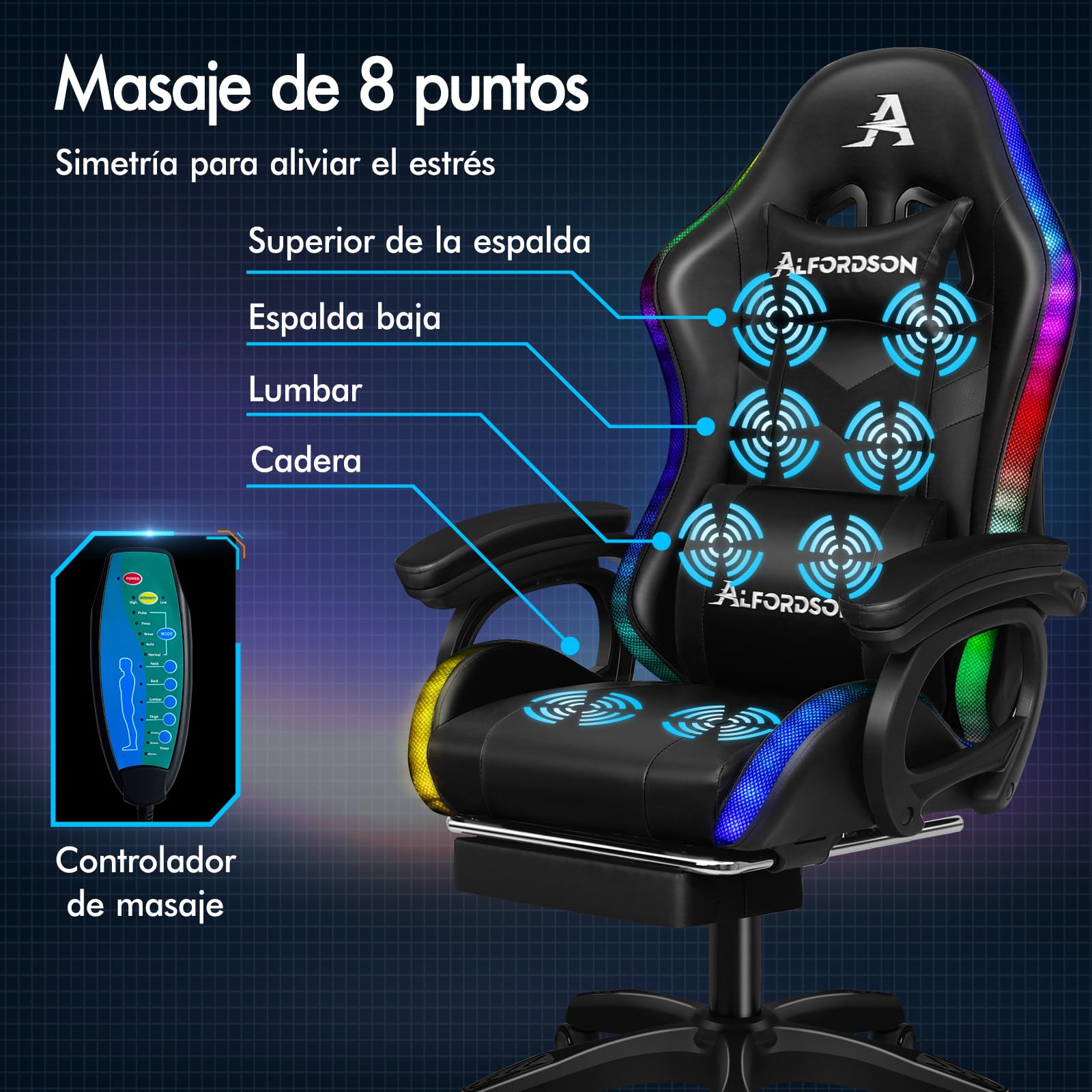 ALFORDSON Silla Gaming con Masaje y LED, Silla Gamer Ergonómica con Cojín Lumbar y Cervical, Reposapiés Telescópico, Iluminación para Ordenador, Videojuego, Juegos, Oficina, Cuero PU(Negra)
