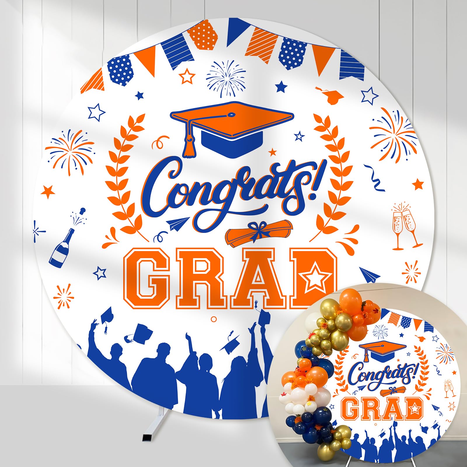 CORNER LACE 6ft Round Backdrop Cover for Congrats Graduation Class of 2025 School Grad, Orange Blue Background for Circle Backdrop Stand Celebration
