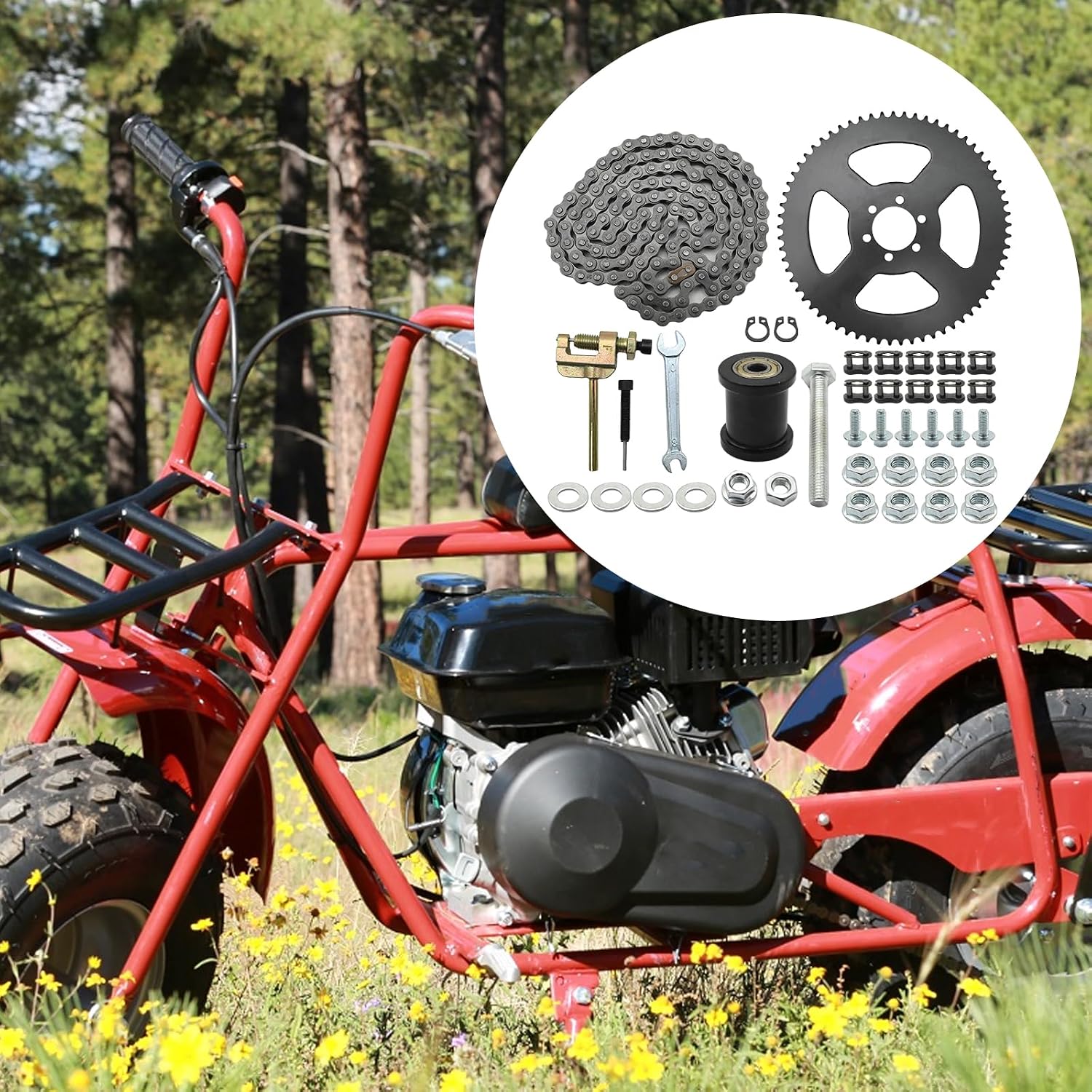 EATAKWARD 65 Tooth140 Links Chain Mini Bike Rear Sprocket Kit, Replacement for Coleman Baja Mini Bike Replacement for Predator 79cc 97cc 98cc 100cc Engine