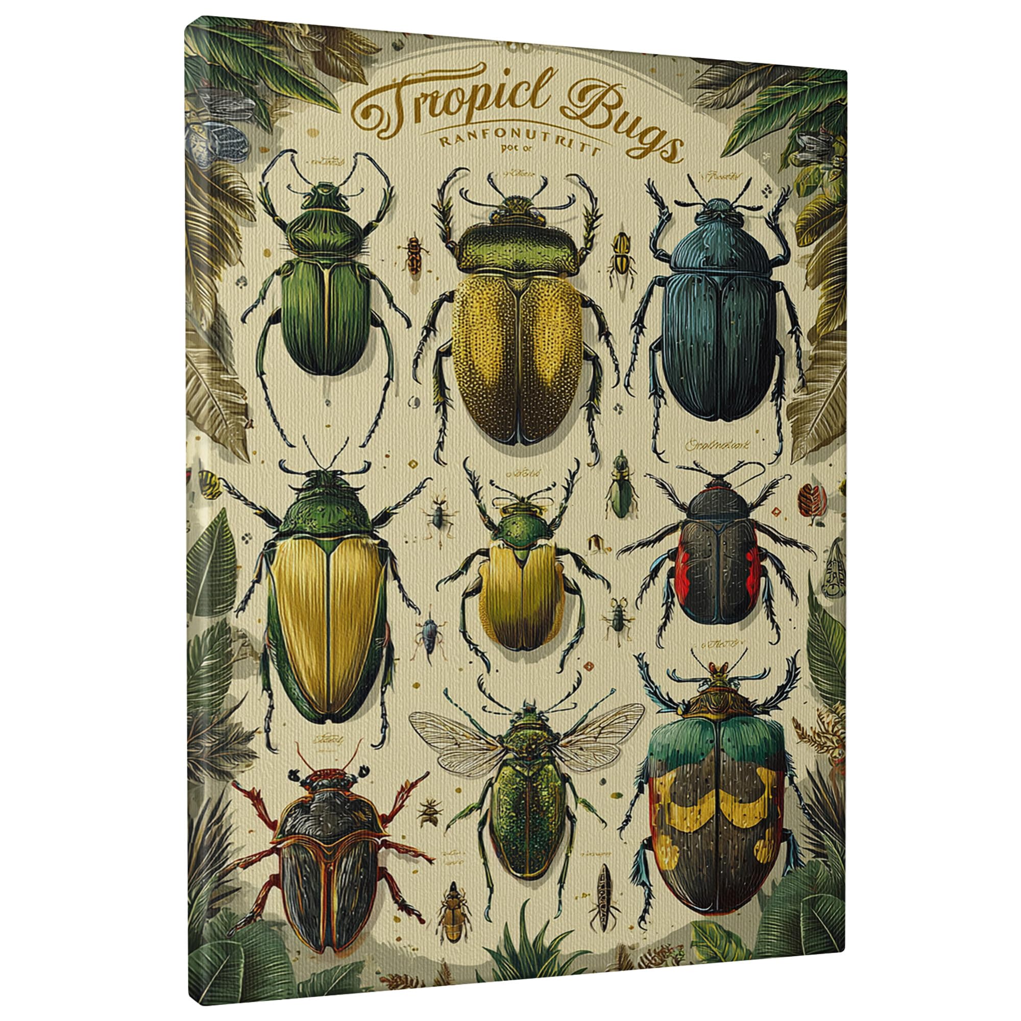 Tropical Bugs Canvas Wall Art, Green Yellow Beetles Insect Prints, Nature Wall Decor For Living Room, Bedroom, Study, Educational Function 16x20 Inch