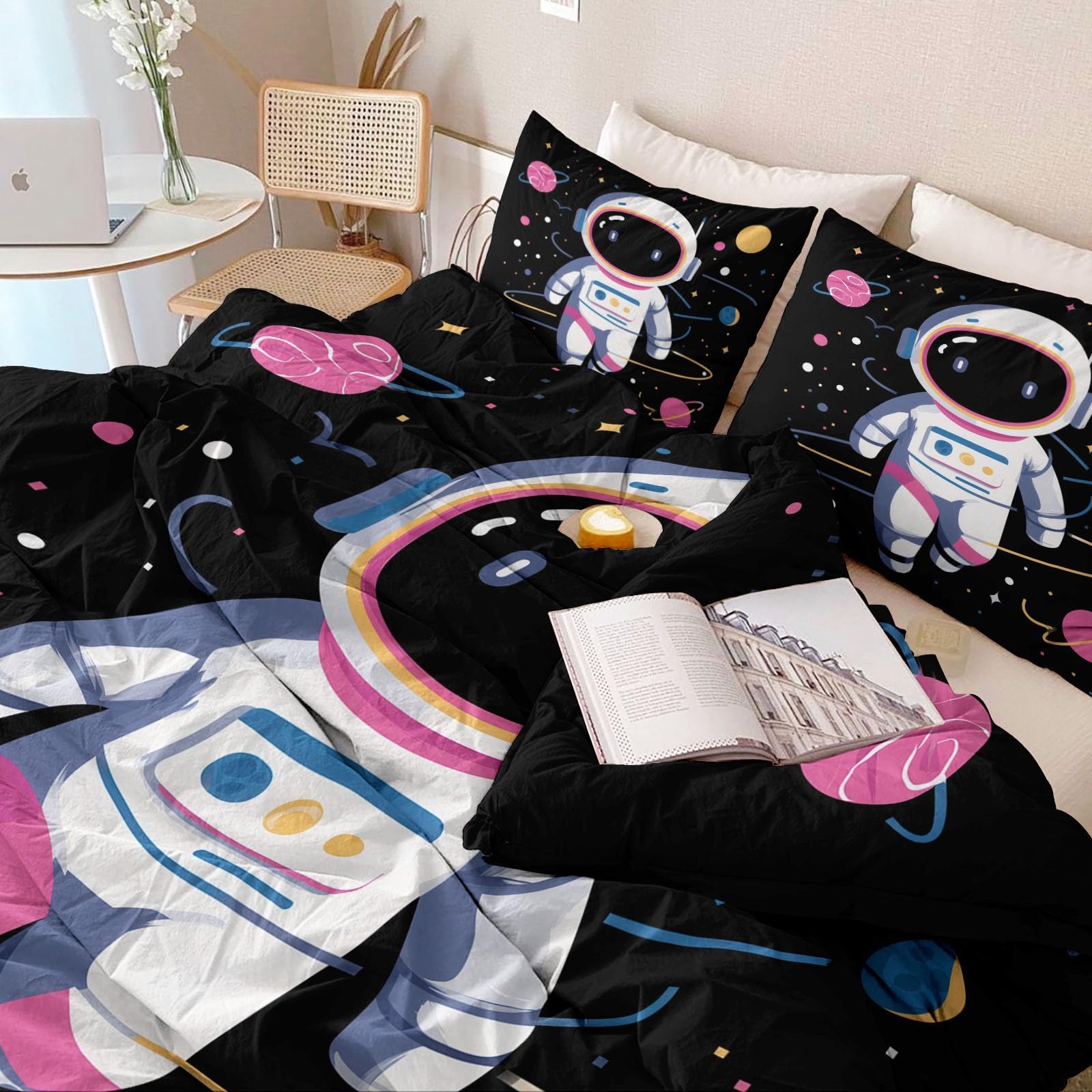 Illustration Kosmos Planeta Astronauta, czarna, miękka mikrofibra, oddychająca, nowoczesna poszewka na kołdrę z kreskówki, 1 poszewka na poduszkę, można prać w pralce, dekoracja pokoju młodzieżowego