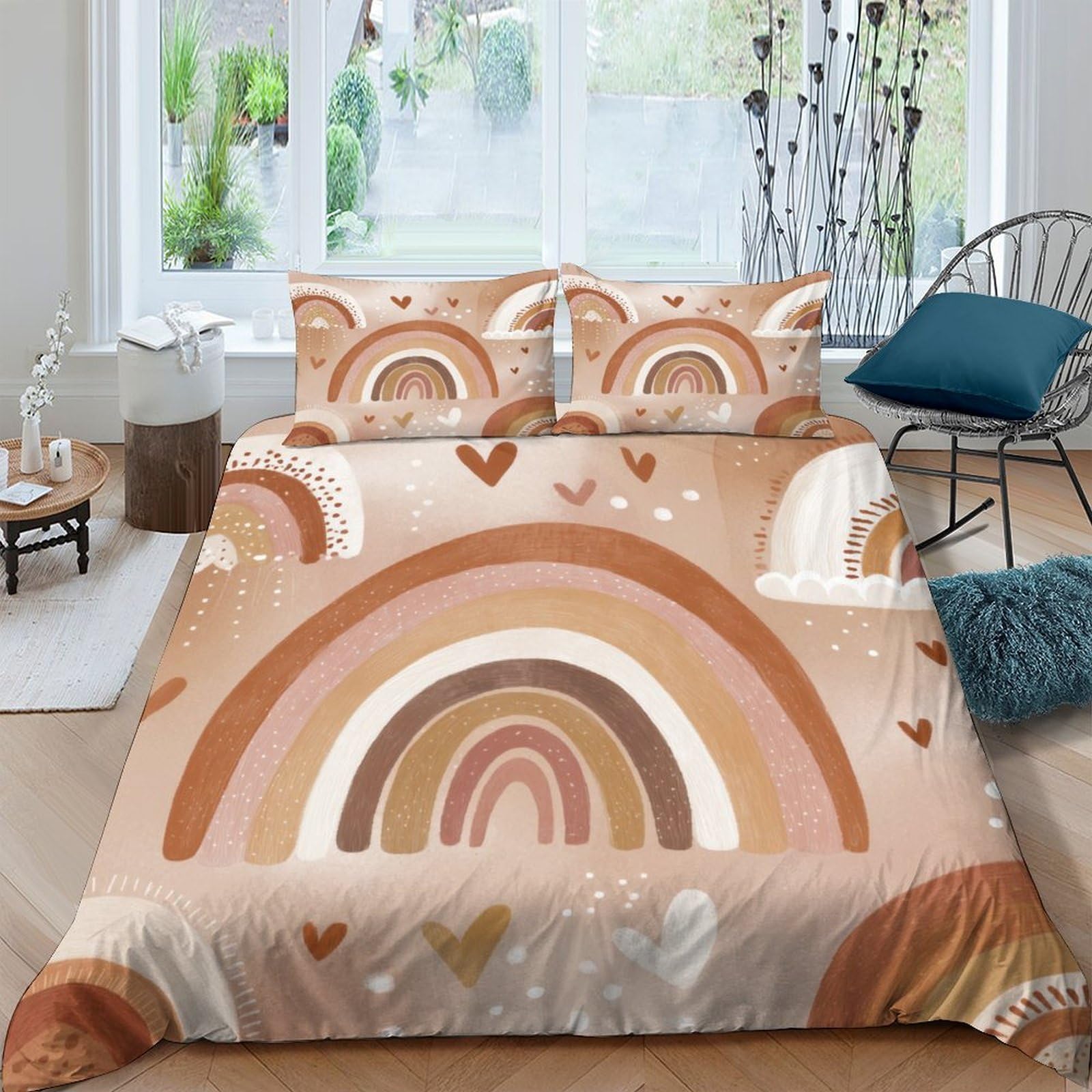 Ctjqhvkz Style-3 3D Printed Boho Rainbow Fitted Sheet Microfiber Earth Tone Heart Pattern Mattress Cover For Bedroom Decor Single（135X200cm）