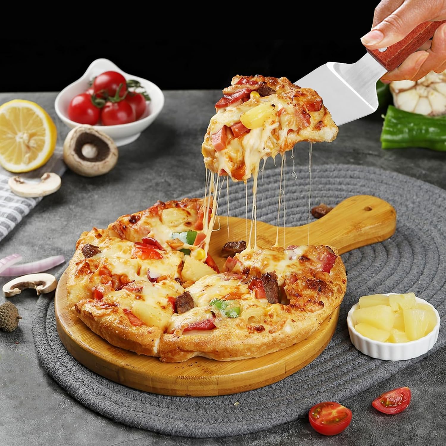 4 Pcs Stainless Steel Pizza Servers with Wooden Handle, Triangular Spade Pie Spatula for Cake, Dessert, Tart, Pie and Pizza,Pizza server