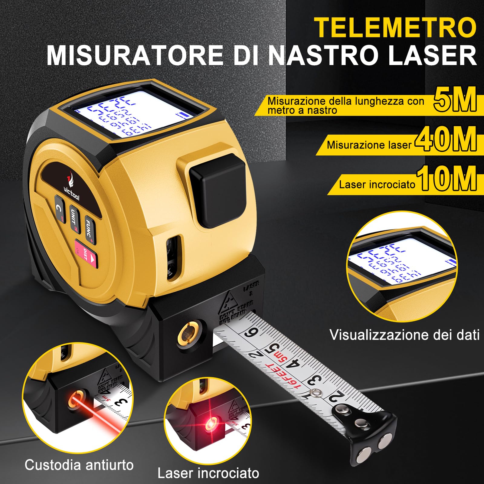 Distanziometro Laser, 3-In-1 40m Misuratore Laser Distanza E 5m Metro A Nastro Digitale Con Laser A Croce, Telemetro Metro Laser Con 3 Unità Di Misura M/In/Ft Per Lunghezza, Area, Volume, Pitagora