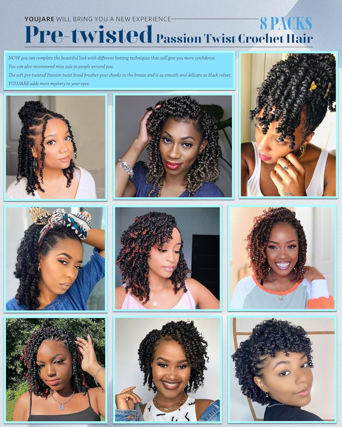Pre-looped Passion Twist Crochet Hair 20 Inch 8 Packs,Natural Black Long Length Synthetic Spring Kinky Twist Braiding Hair Extensions for Black Women,Easy to Install (20"-8P,1B#)