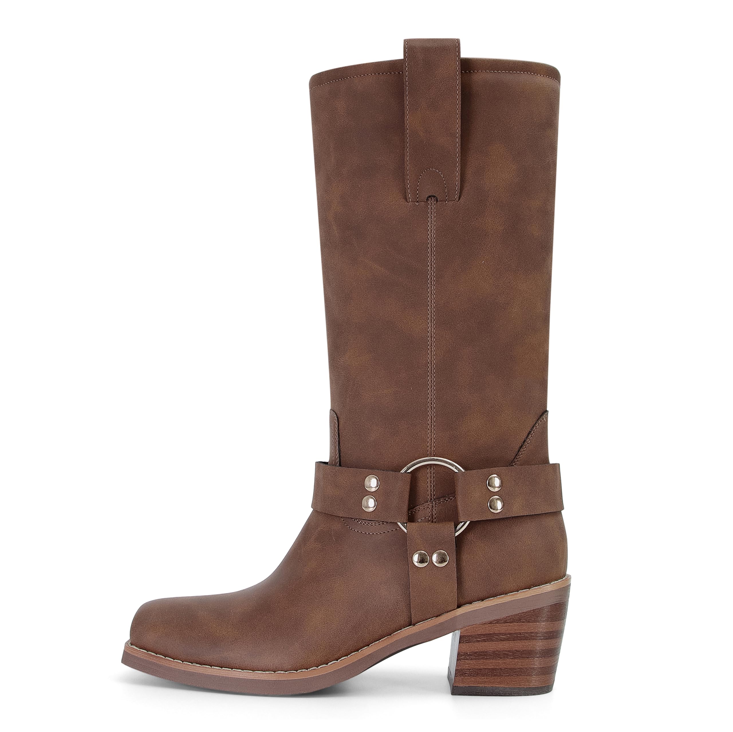 Womens Square Toe Pull On Mid Calf Biker Riding Boots Chunky Block Heel Cowboy Western Motorcycle Booties With