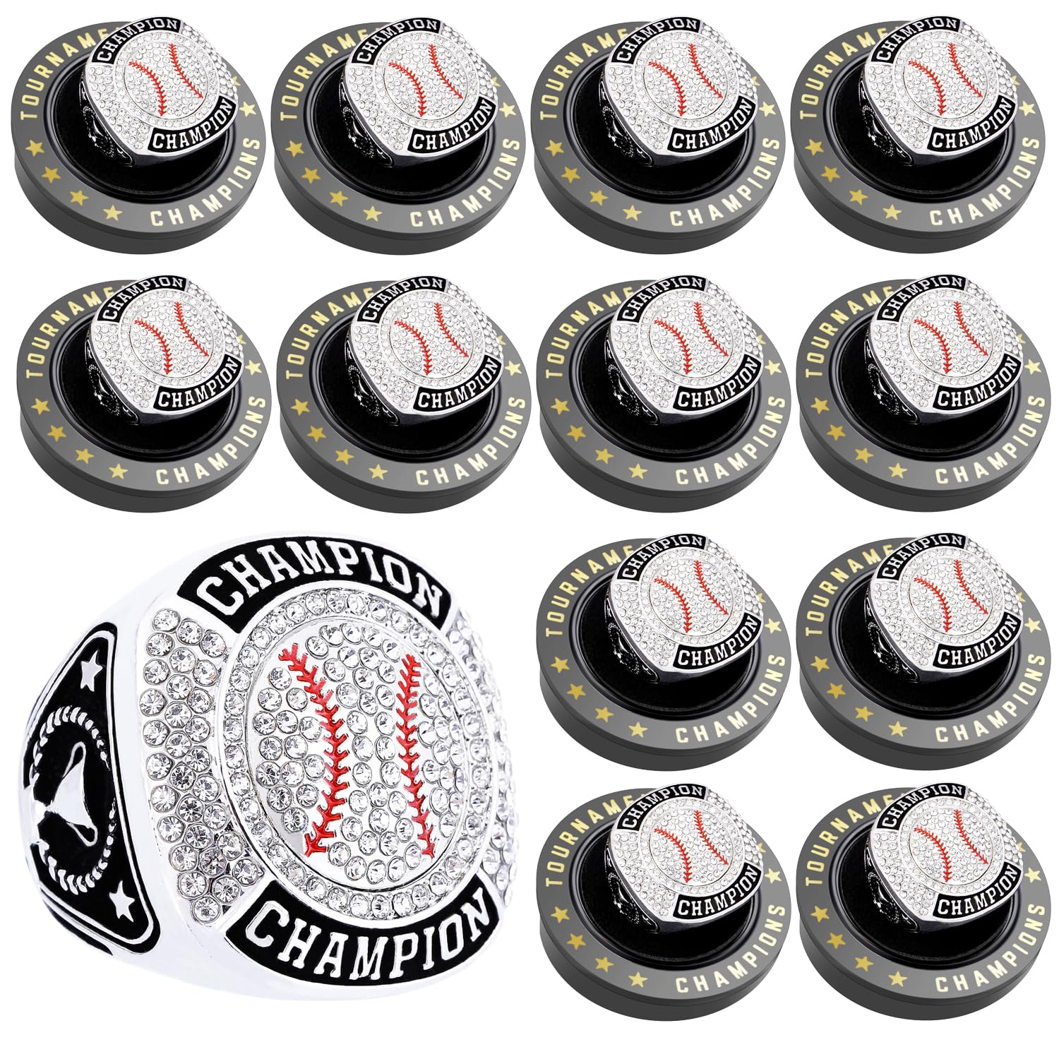 daijbling 12 Pcs Baseball Championship Ring Softball Ring Sport Ball Trophy Award Gift with Display Neck Chain and Stand for Tournament or League
