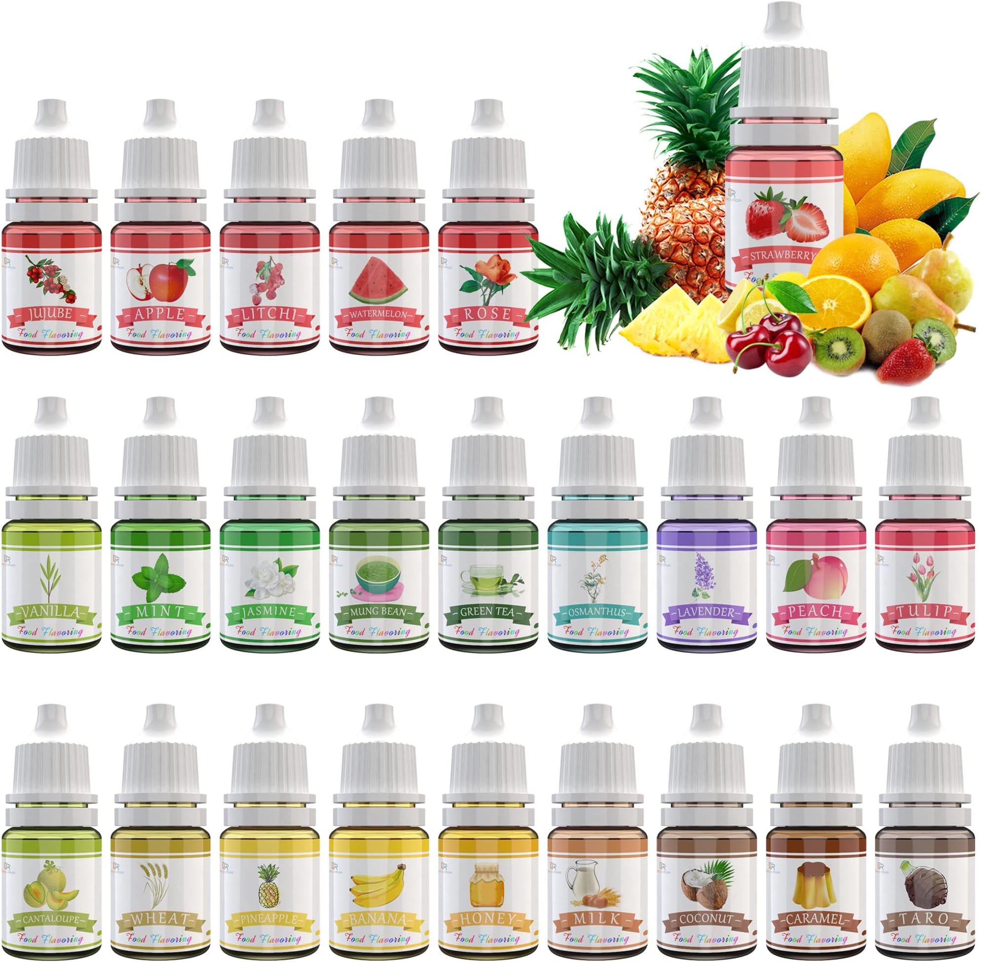 Food Flavoring Oil - 24 Pack Concentrated Flavor Oil for Baking, Cooking, Cosmetics - Liquid Lip Gloss Flavoring Oil Extract for Lip Balm, Drinks, Soap Making - Water & Oil Soluble - .2 Fl Oz Bottles