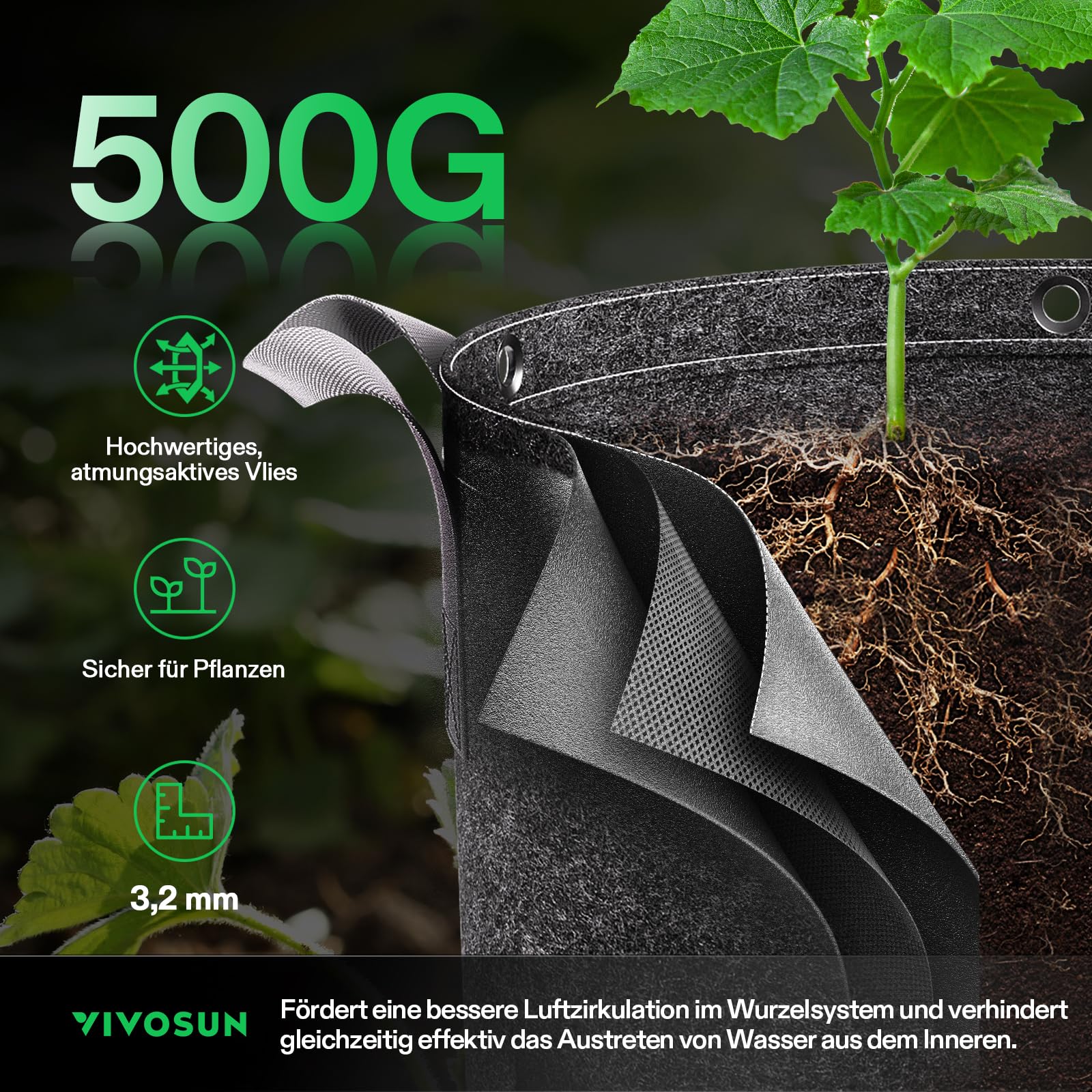 VIVOSUN Pflanzsack 5er-Pack 20 L, Stofftopf aus Vliesstoff mit 500 g/m² Stärke, mit Tragegriffen und Mehrzweckringen, Ideal für LST, Obst, Gemüse und Blumen