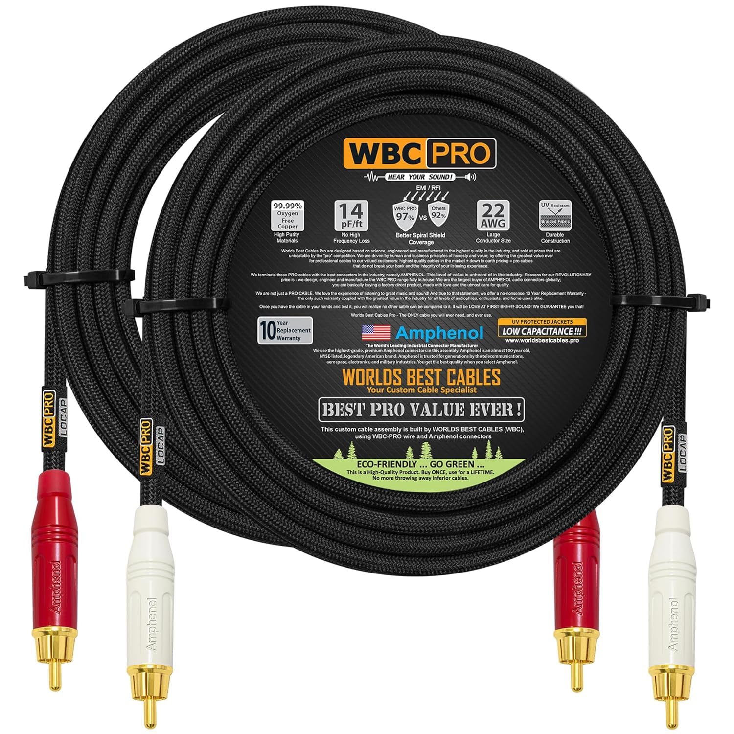WBC-PRO-LOCAP - Par de cables RCA de 18 pies - WBC-PRO-LOCAP de baja capacitancia (14 pF/pies) 22 AWG Cable de interconexión de audio ultra silencioso y de grado profesional con conectores RCA