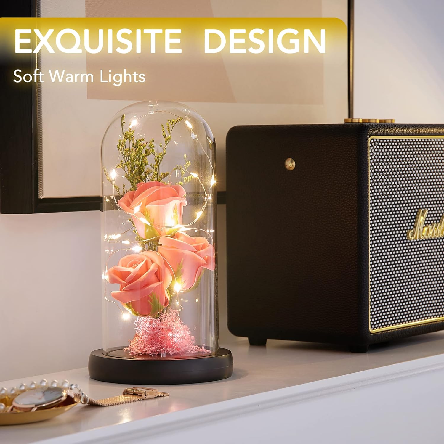 Preserved Flower Gift, Light Up Rose in Glass Dome, Eternal Forever Rose Flower Gifts for Her, Grandma, Mother’s Day, Valentine’s Day, Anniversary, Birthday, Christmas Decorations, Rose Pink - Image 2