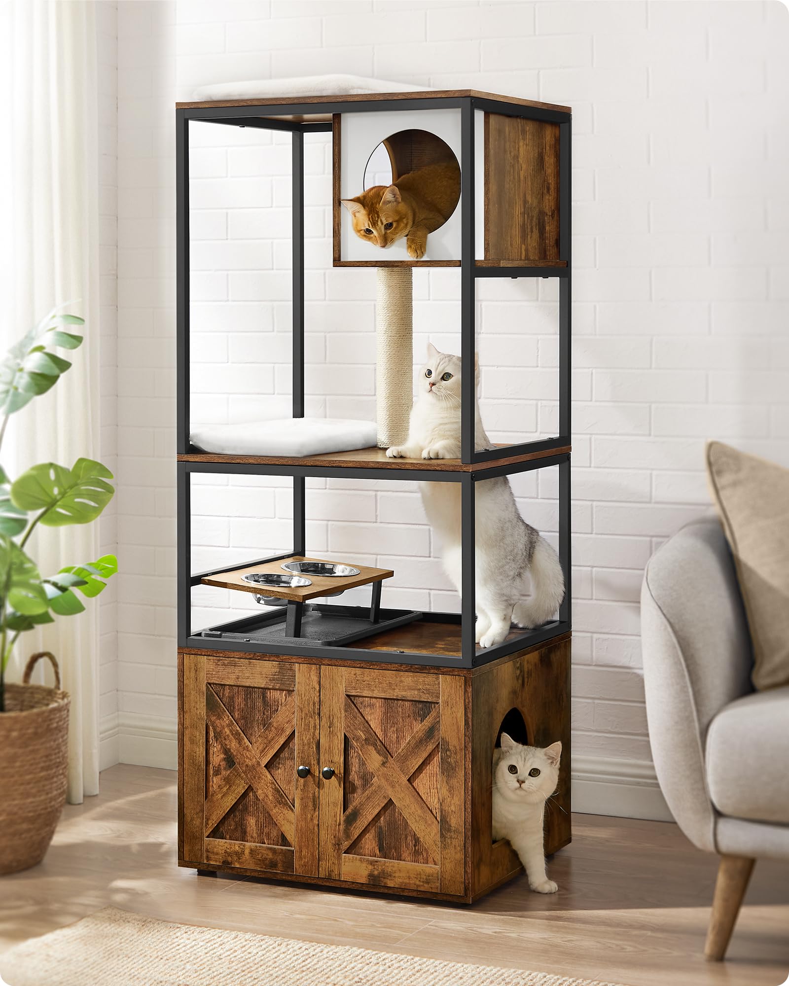Feandrea Kratzbaum, Katzenbaum, Katzenhaus mit Katzenklo-Schrank, erhöhter Napfständer, Sisalstamm, waschbare Kissen, vintagebraun PCT312X01