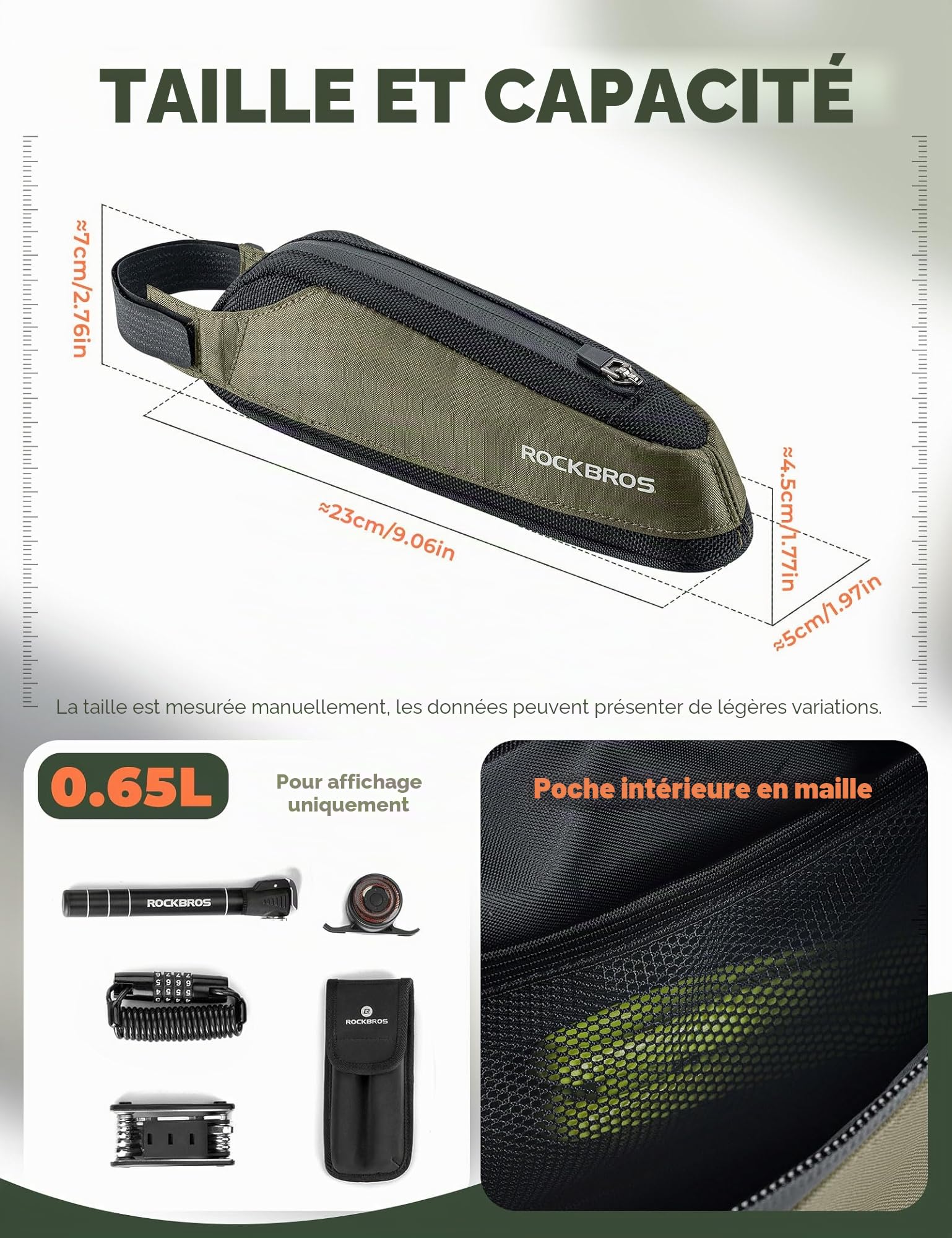ROCKBROS Sacoche Cadre Vélo 0,65L Avant Kit Sac Triangulaire Tube Supérieur Amovible Portable Réfléchissant Vélo Course VTT Vert Foncé