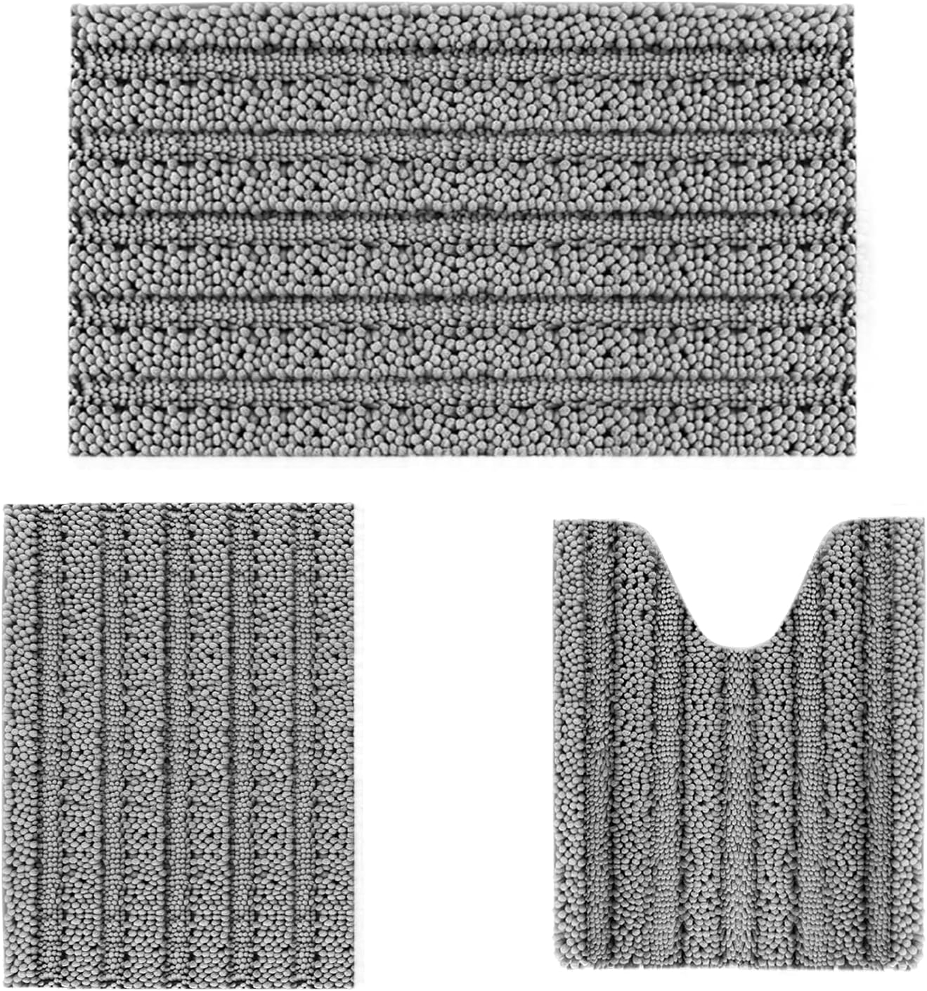 BAYZZ 3 Pieces Bathroom Rugs Set, Non Slip Chenille Bath Mat, Ultra Absorbent Bath Rug, Soft Plush Bathroom Rug for Tub, Bathroom, Shower, Machine Washable Bath Mats (Light Gray)