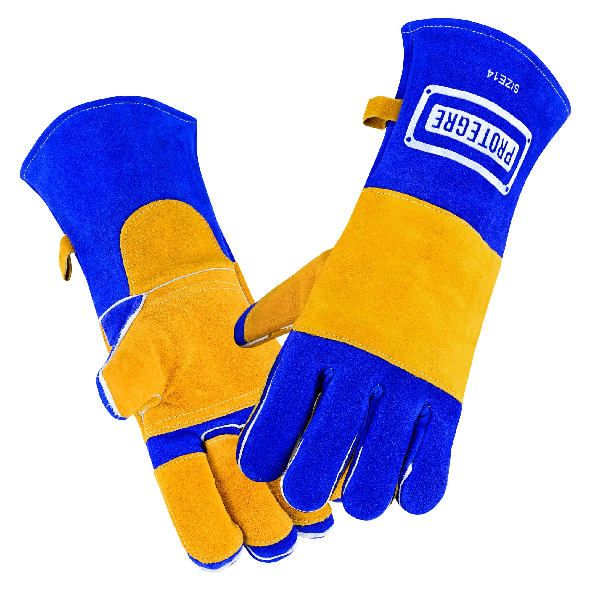 Gants de soudage de 35,6 cm – Cuir de vache robuste résistant à la chaleur et aux flammes, coutures en Kevlar, protection de 500 °C pour MIG, bâton, forge, cheminée, barbecue, poêle à bois