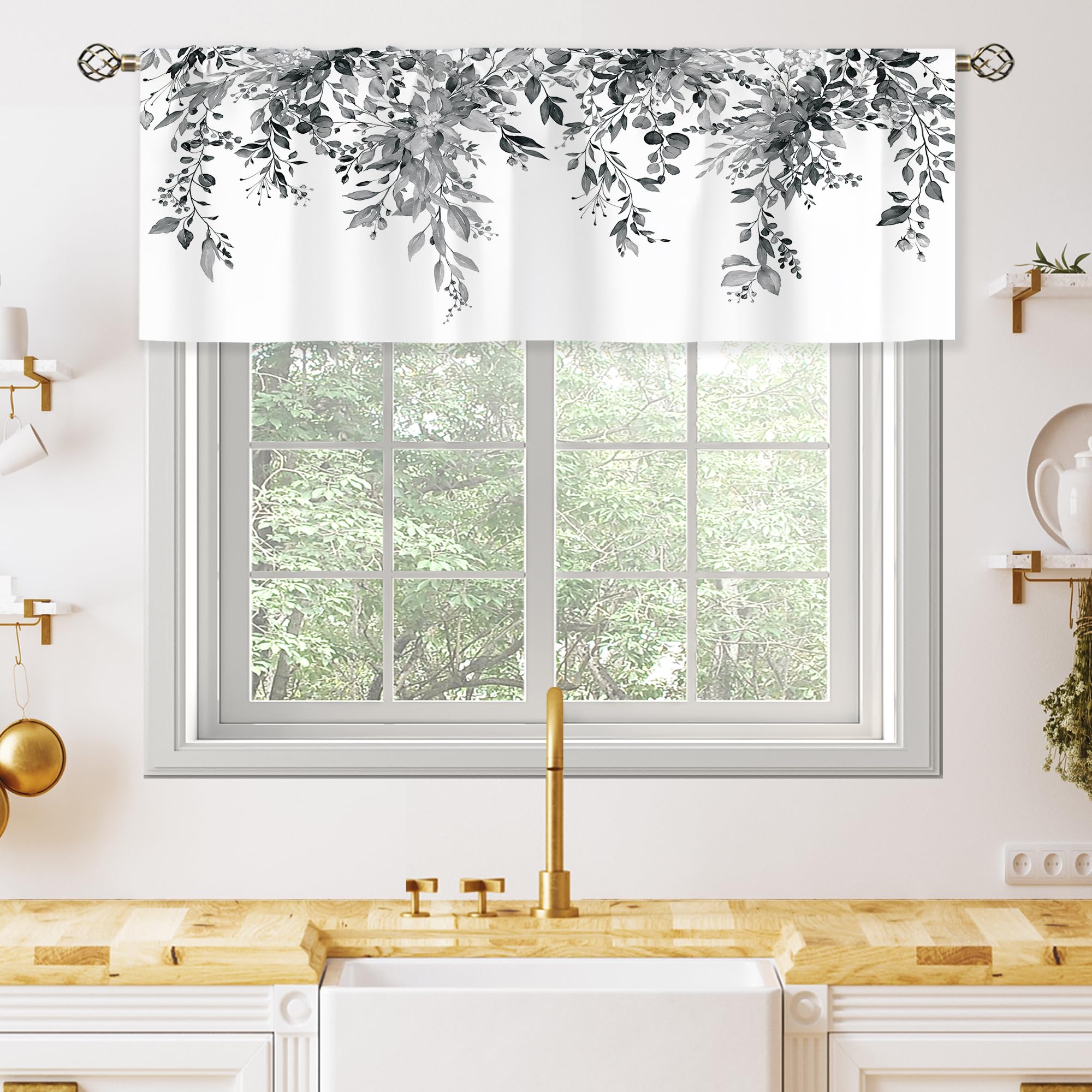 oolygoo Grey Eucalyptus Botanical Leaves Valances Kitchen Curtains Watercolor Flower Floral Window Drapes Plant Botanical Bedroom Bathroom Living Room Treatment Tier Fabric 1 Panel 52Wx18H Inch — image 1