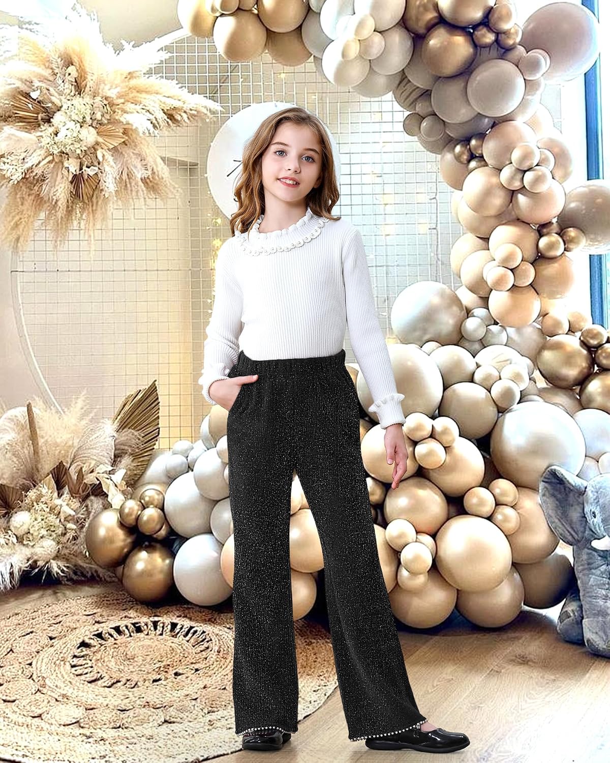 Rolanko Girls Wide Leg Velvet Pants Dressy Palazzo Pant for Girls Corduroy Pant with Pearls for Christmas Holiday Party 5-12Y
