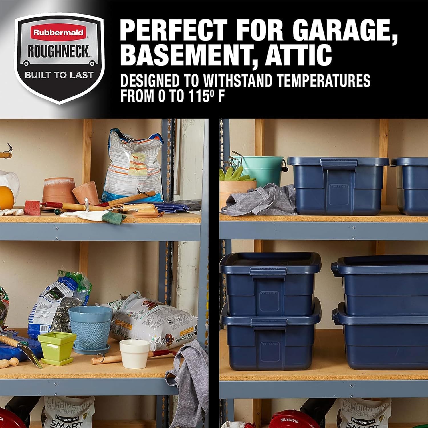 Rubbermaid Roughneck️ 10 Gallon Storage Totes Durable Stackable Storage Containers with Snap Tight Lids for Organization, Dark Indigo Metallic