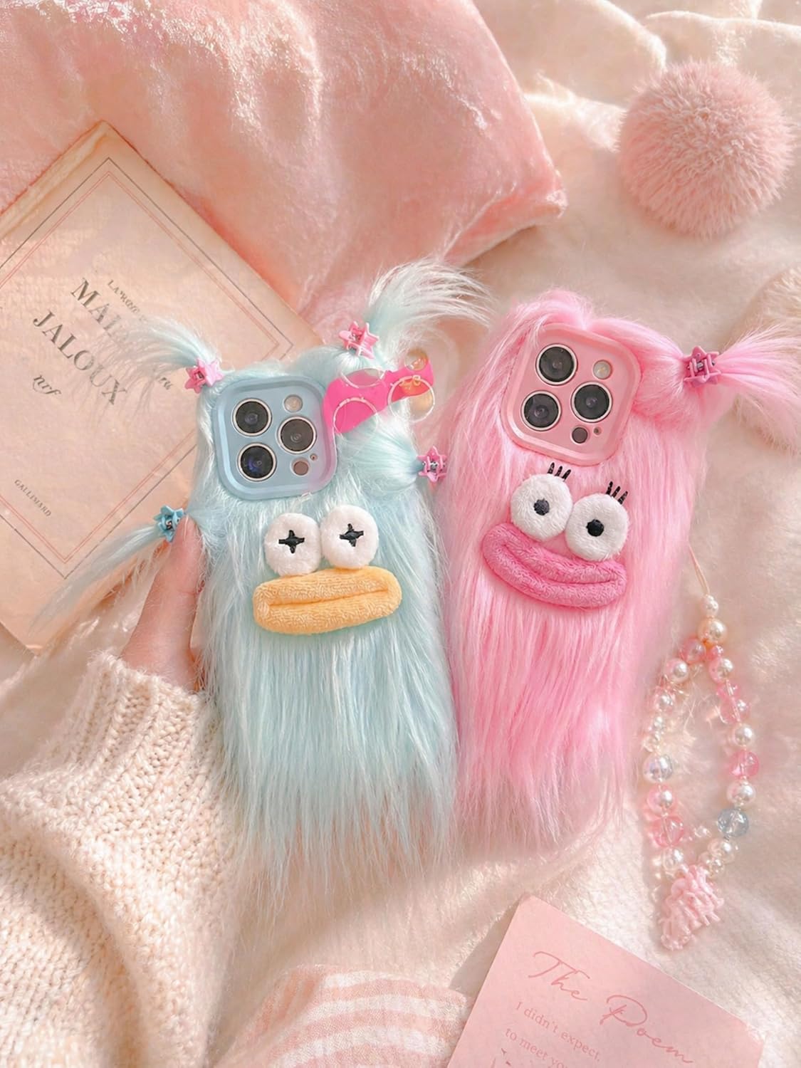 Pink Furry Phone Case for iPhone 15, Cute DIY Long Hair Funny Thick Mouth Warm Plush Cases, 3D Cartoon Fuzzy Winter Protective Cover for Women Girls image 5
