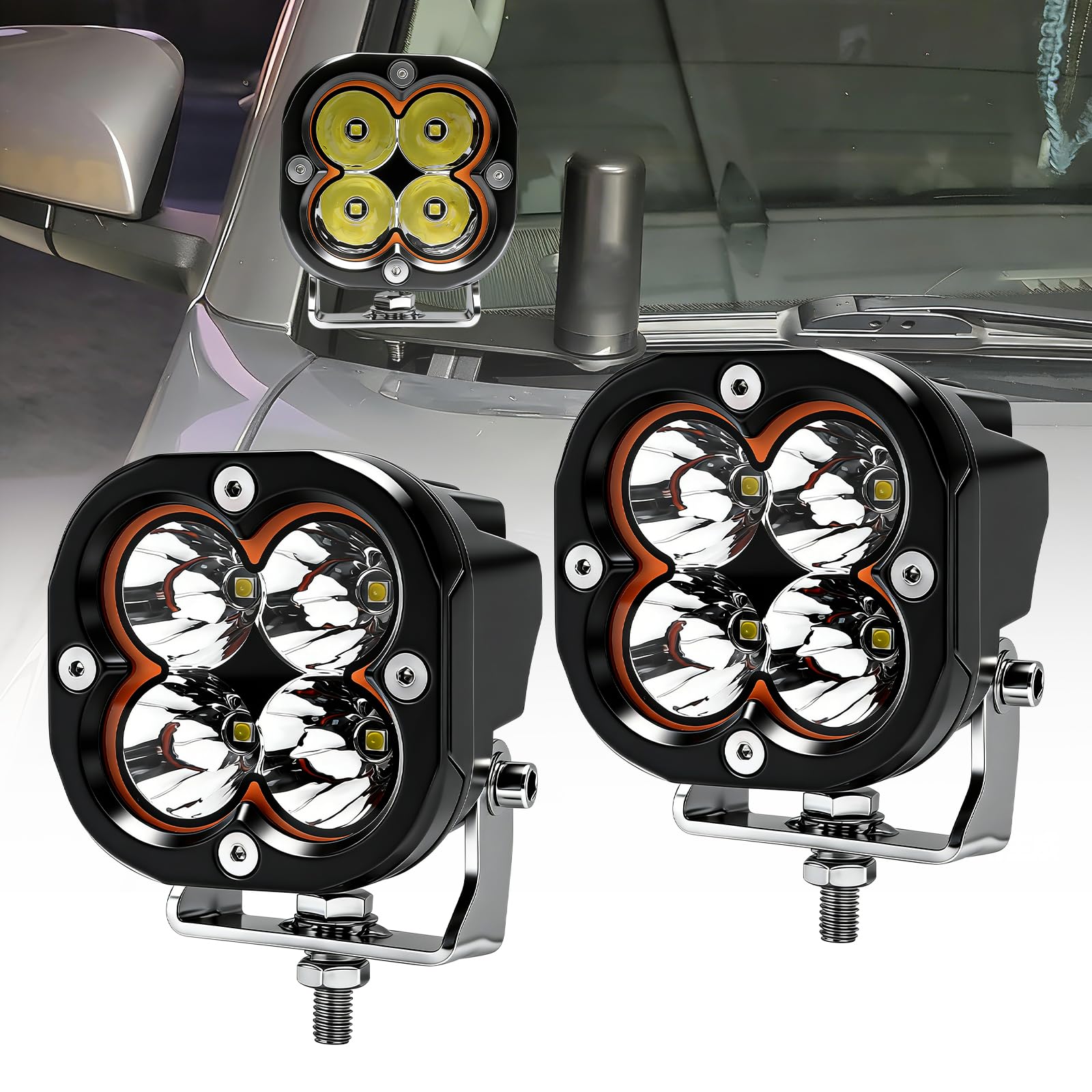 Chelhead 2 sztuki reflektorów terenowych LED, 80 W, 6000 lm, z żółtymi światłami drogowymi LED DRL, wodoszczelność IP68, kompatybilne z samochodami 9-30 V, ciężarówkami, pickupami, golfem, SUV-em, ATV