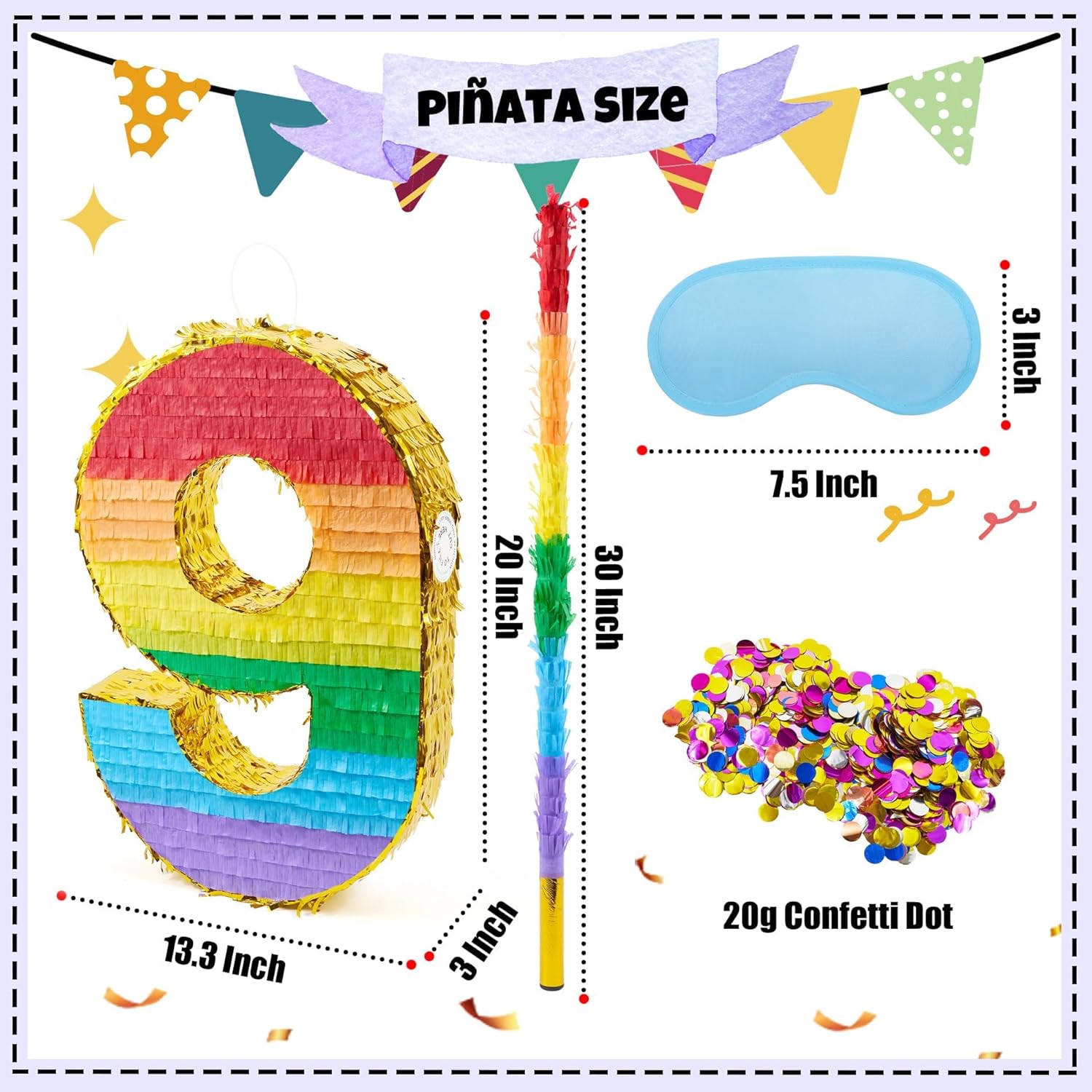 PCFING 20 Inch Number 4 Piñata Bundle with Number 9 Piñata Rainbow with 30 Inch Piñata Stick Blindfold Confetti for Boy Girl Kids Birthday Party Decorations, Anniversary Celebration, Fiesta