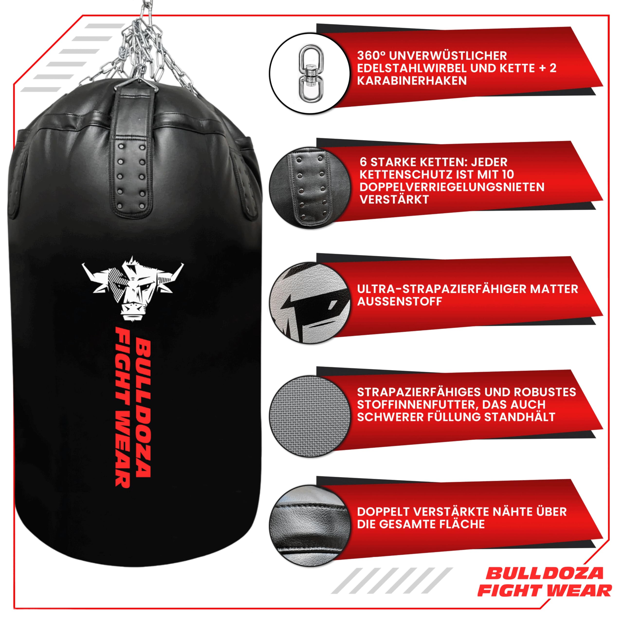 Jumbo Riesiger XXL Bull Doza Fight Wear Heavy Duty Self-Fill Punchingbag Boxsack mit Aufhängeketten, Drehgelenk, Karabiner, Boxsack für MMA, Kickboxen, Muay Thai, Kampfsport