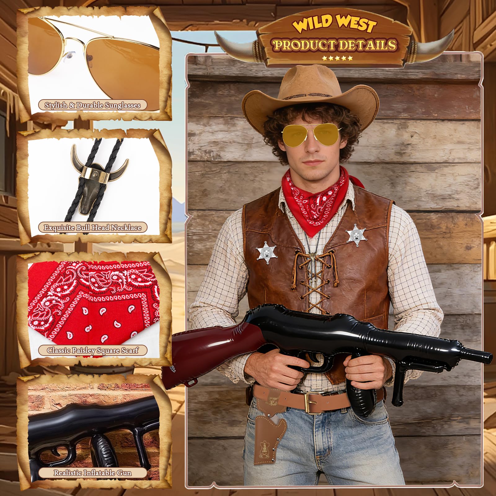 9Pcs Cowboy Costume Accessories, Wild West Cowboy Fancy Dress with Necklace Holster Sunglasses Inflatable Prop Holster Bag Sheriff Badges Belt Western Outfit Kits for Women Men Cosplay Hen Do Party - Image 3