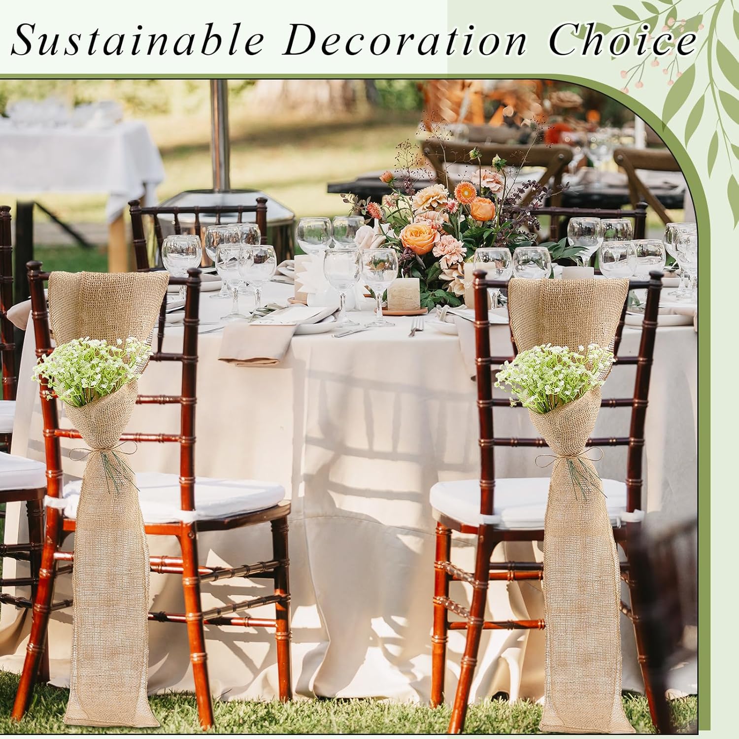 Jecery 24 Sets Burlap Chair Sashes Wedding Natural Chair Bows Ribbons 108 x 6 Inch Rustic Jute Bow Ties with Artificial Babys Breath for Home Anniversary Banquet Wedding DIY