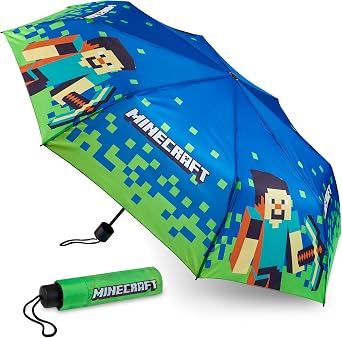 Minecraft Folding Umbrellas for Boys Girls Durable Compact Umbrella Windproof Travel Umbrella for Teens and Gamers Blue/Green