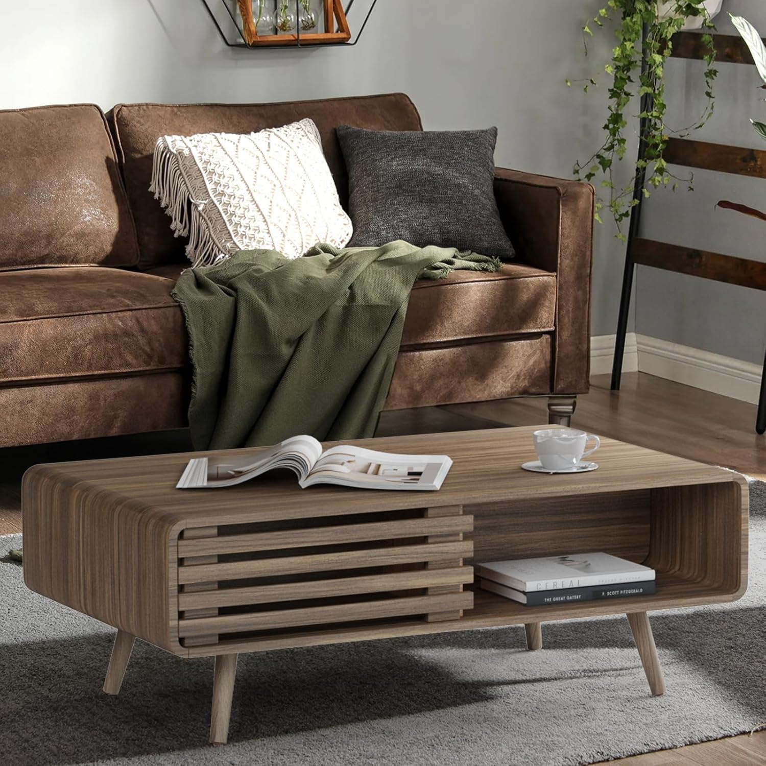 Easyego Coffee Table with Storage, Farmhouse Wood Tables for Living Room, Easy Assembly, Suitable for Various Home Styles (Brown)