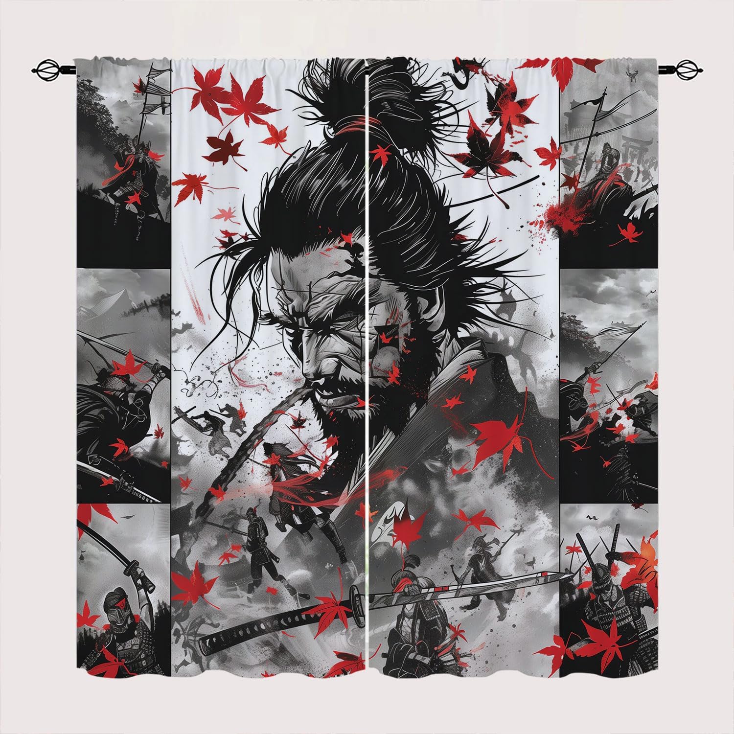 Samurai Blackout Curtains for Kid Girls Boys Bedroom, Comic Book Red Maple Leaves Rod Pocket Window Drapes for Bedroom Living Room 42Wx63L inch