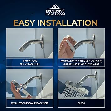Rainfall Shower Head - 6 High Pressure, 1.8 GPM, Chrome Finish, ABS Plastic, 360 Adjustable, Anti-Clog Rubber Jets