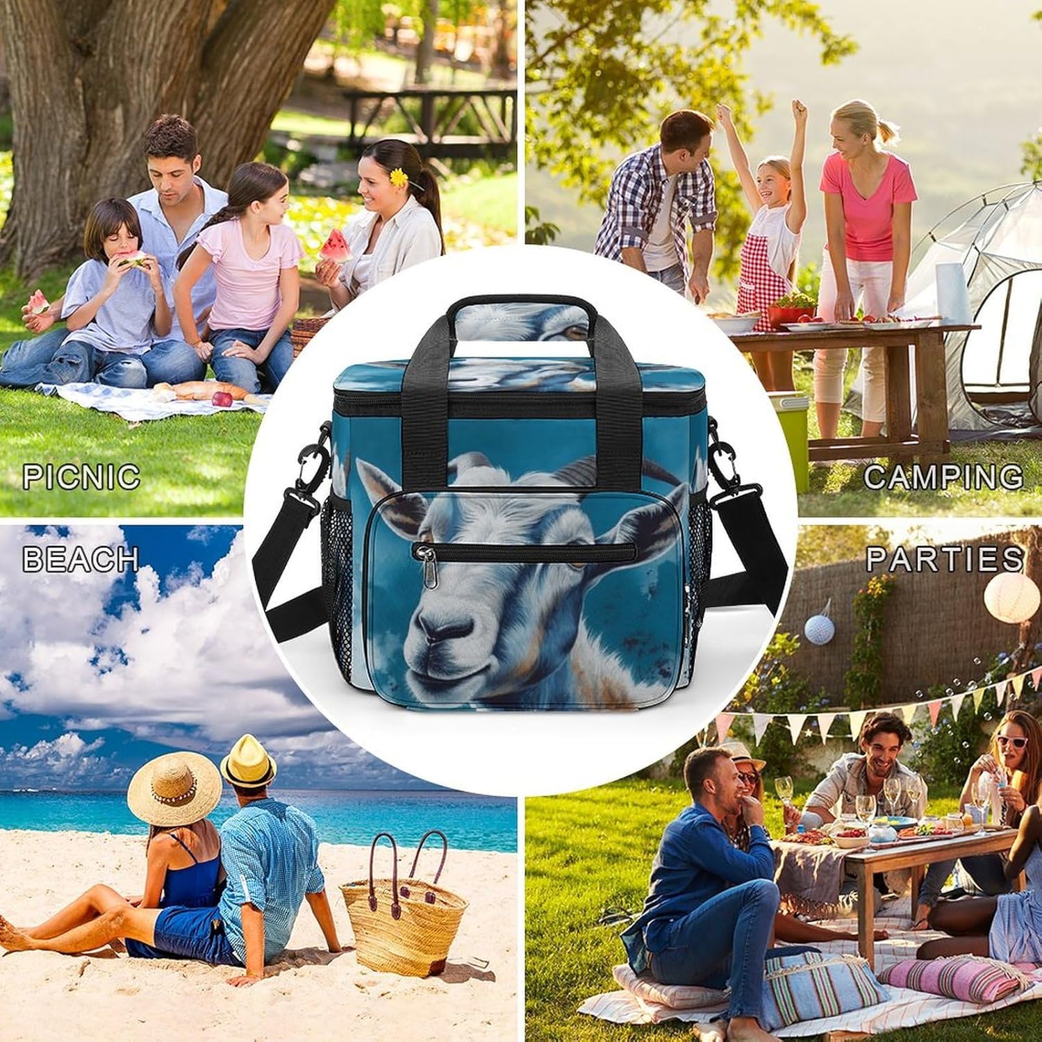 Blue Goat Print Cooler Bag Portable Insulated Lunch Bags Leakproof Ice Chest Large Capacity Soft Cooler Tote for Picnic Camping Work Travel Keep Food Drinks Fresh 22.5L