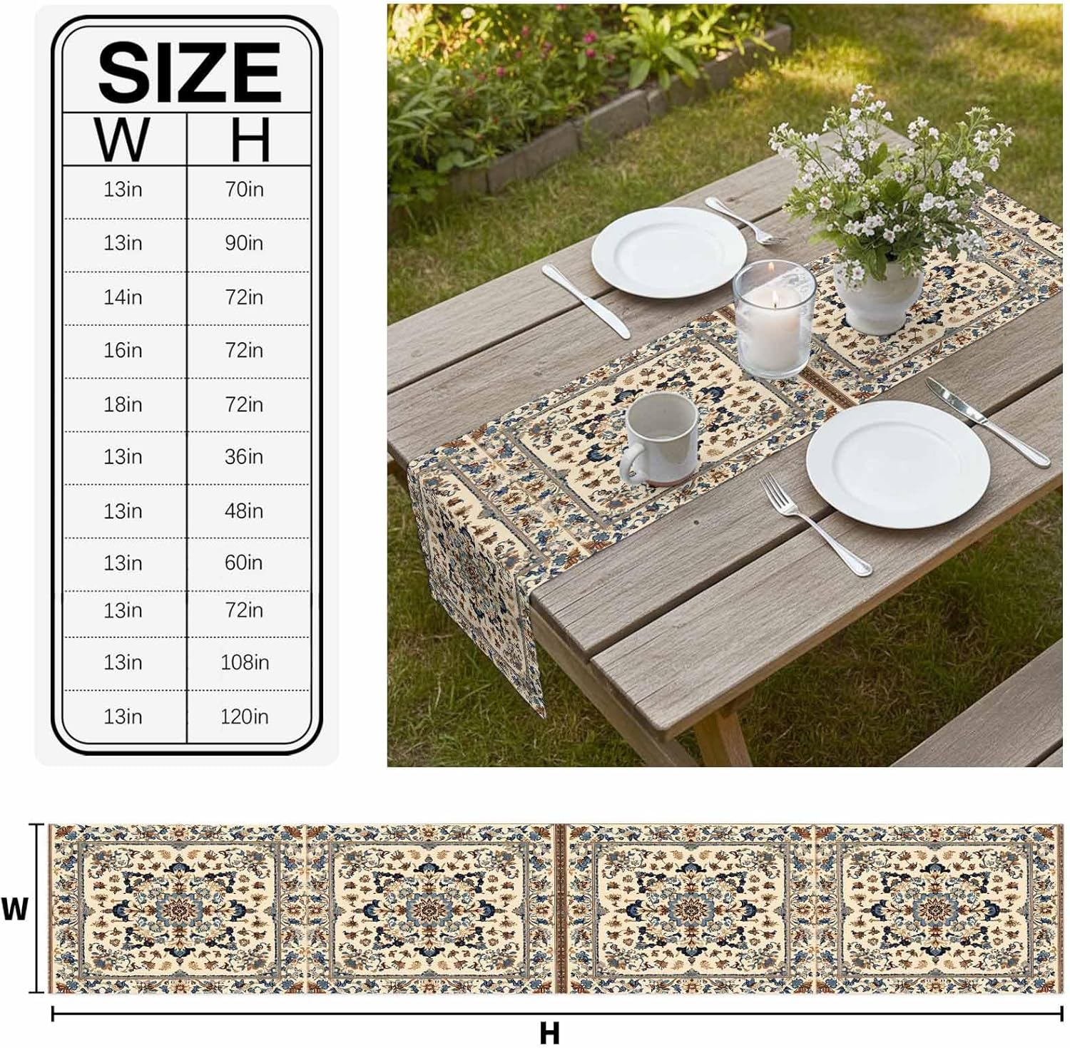 Boho Blue Brown Table Runner 72 Inch Long Dresser Scarves Linen Tablerunners Ethnic Southwestern Retro Geometric Dining Kitchen Burlap Table Setting Decor for Wedding Party Holiday Coffee, 16"x72"