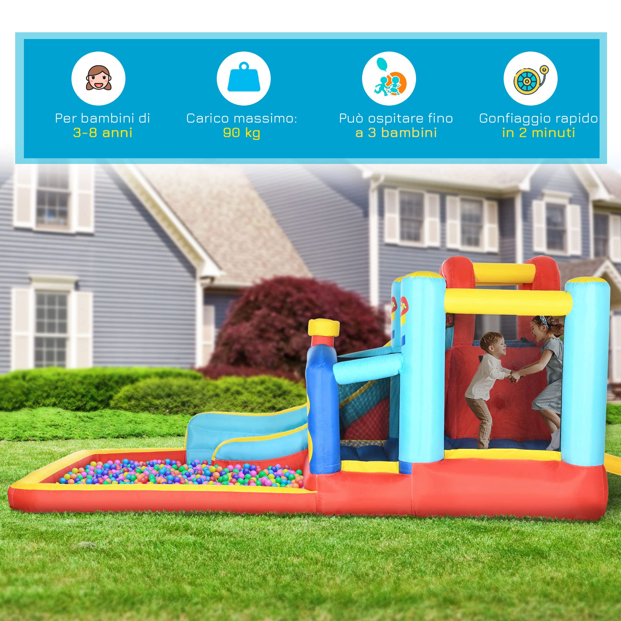 Outsunny Castello Gonfiabile 4 in 1 per Bambini 3-8 Anni, 435x245x200cm
