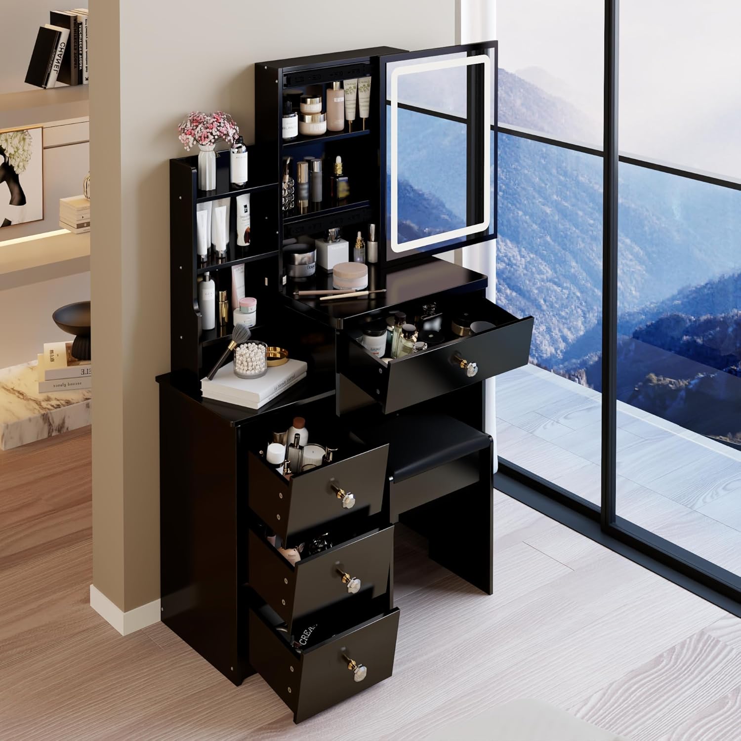 29.2" Small Vanity Desk with Mirror and Lights, Makeup Table with Led Lights and Sliding Mirror, 3 Lighting Colors, Vanity Set with Drawers and Stool for Small Space and Bedroom, Black