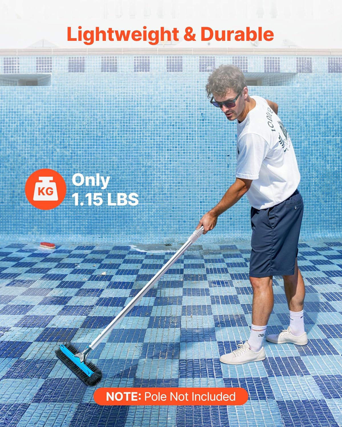 VEVOR Pool Brush Head, 20 Inch Scrub Brushes with Nylon Bristles and Aluminum Pole Connector, Heavy Duty Curved Brush Head for Cleaning Inground/Above Ground Swimming Pool Walls, Pole Not Included