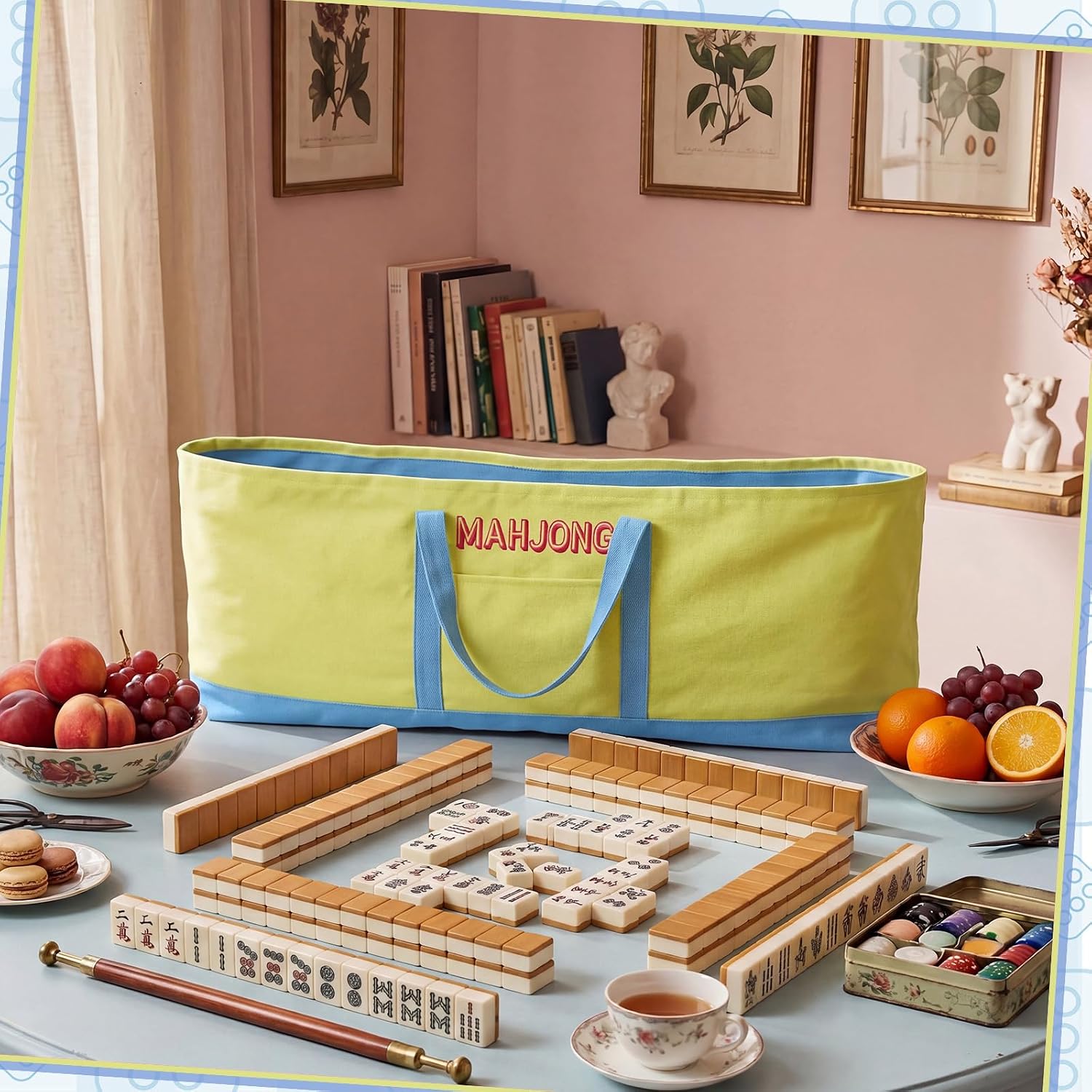 Mahjong Bag for Tiles and Racks Empty American Mahjong Tiles Carrying Tote 31.5 x 12 x 4 Inch Canvas Tile Game Accessory Gift for Pusher Rack Mat, Case Only(Blue and Lime Green,Classic) image 5