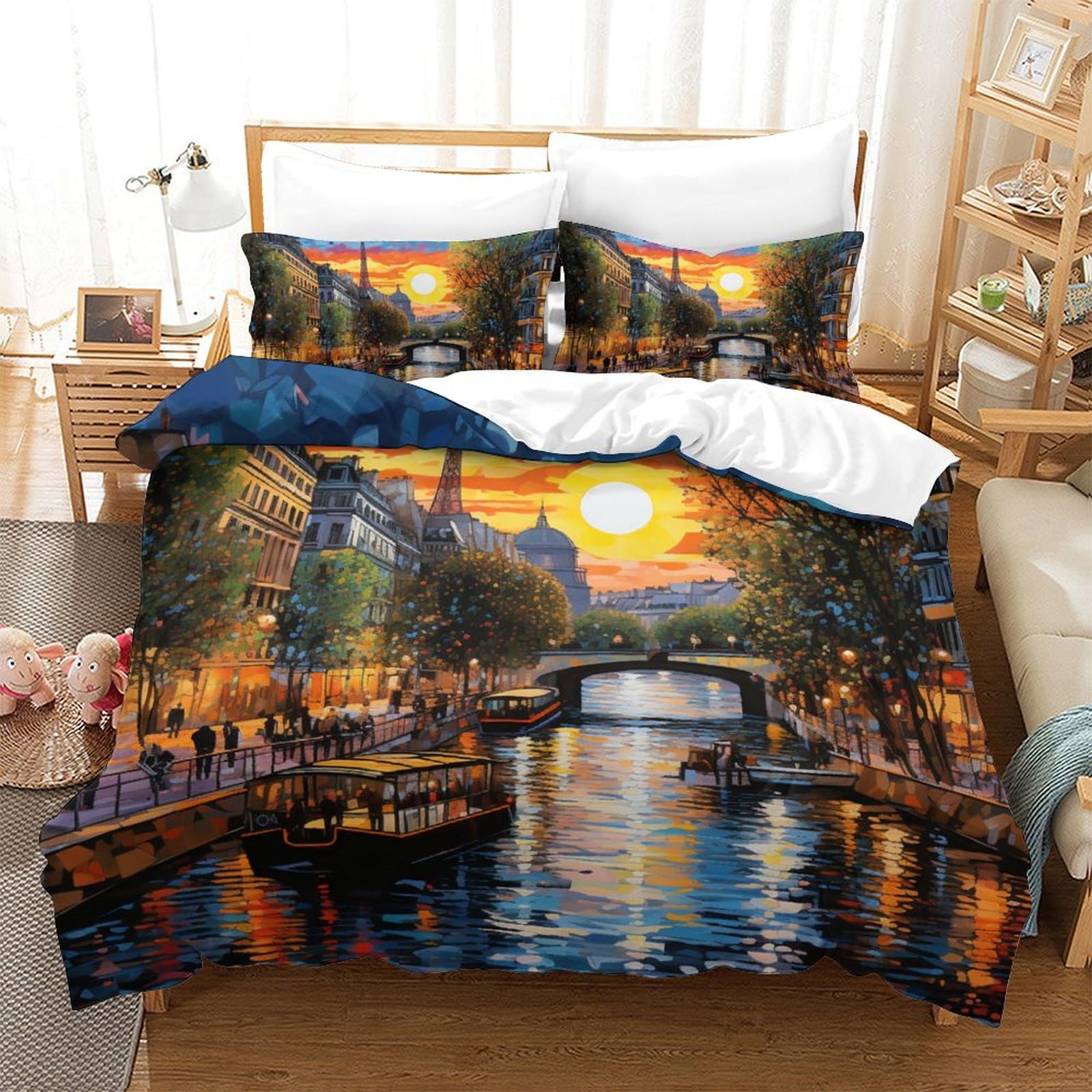Parure de lit 200x200 cm paysage urbain en microfibre douce avec taies