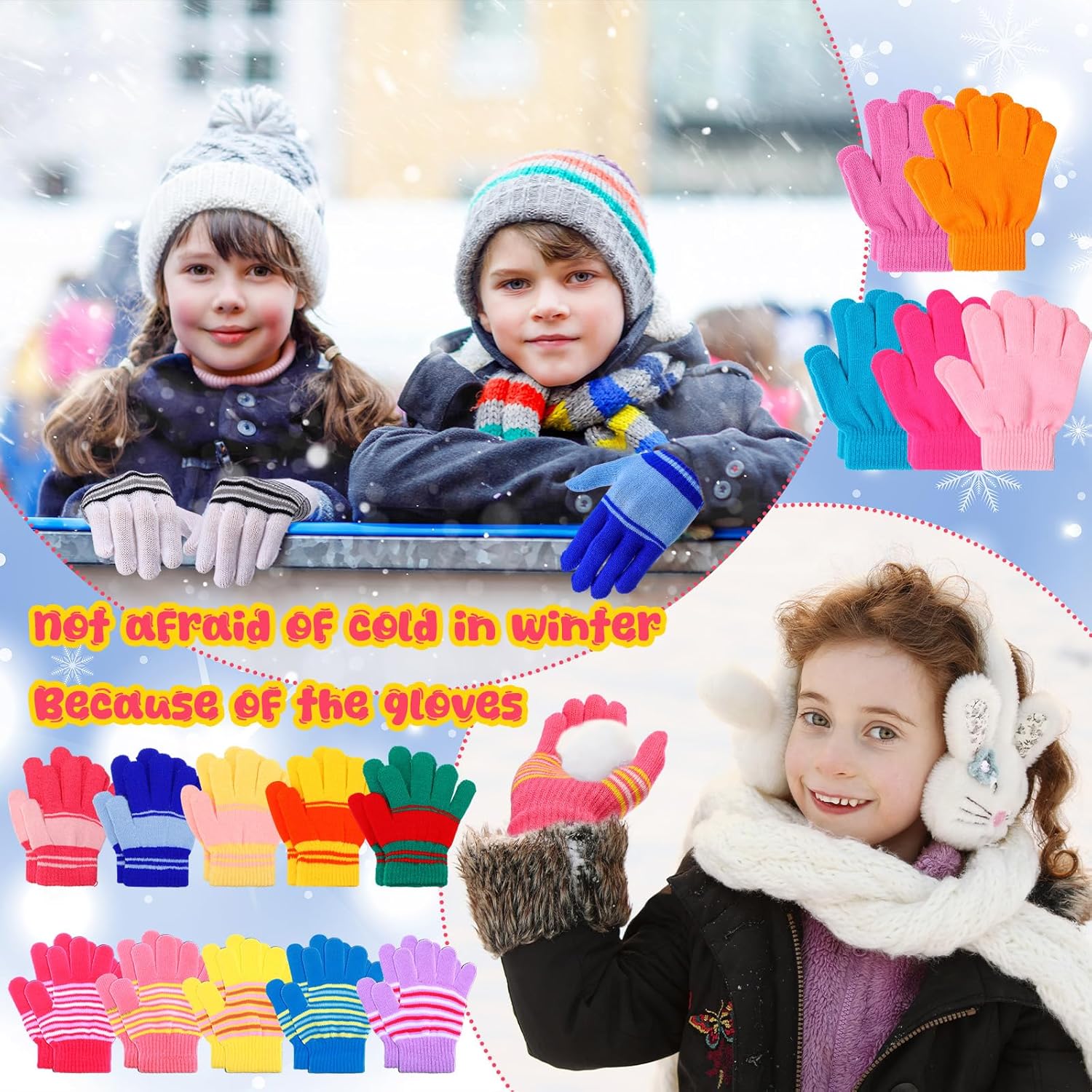 Handepo 200/500 Pairs Kids Gloves Bulk Child Winter Knitted Colorful Stretchy Full Finger Gloves for Christmas Homeless Gifts