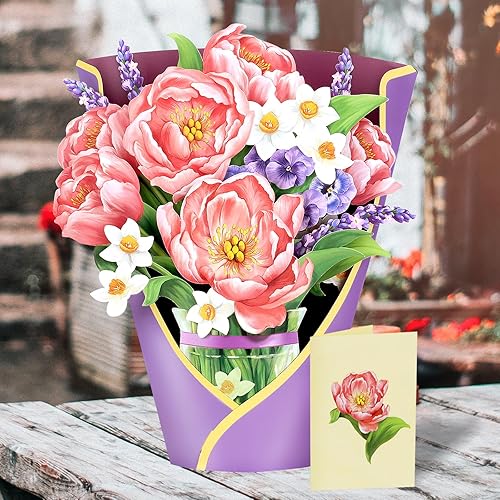 Miniatura 7 de Airpark Tarjeta de ramo de flores emergentes de papel, peonías rosas, tarjetas de regalo de 12 pulgadas, tarjetas emergentes 3D de papel con tarjeta