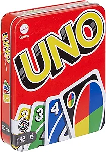 Mattel Games UNO Family Card Game, with 112 Cards in a Sturdy Storage Tin, Travel-Friendly, Makes a Great Toy for 7 Year Olds and Up