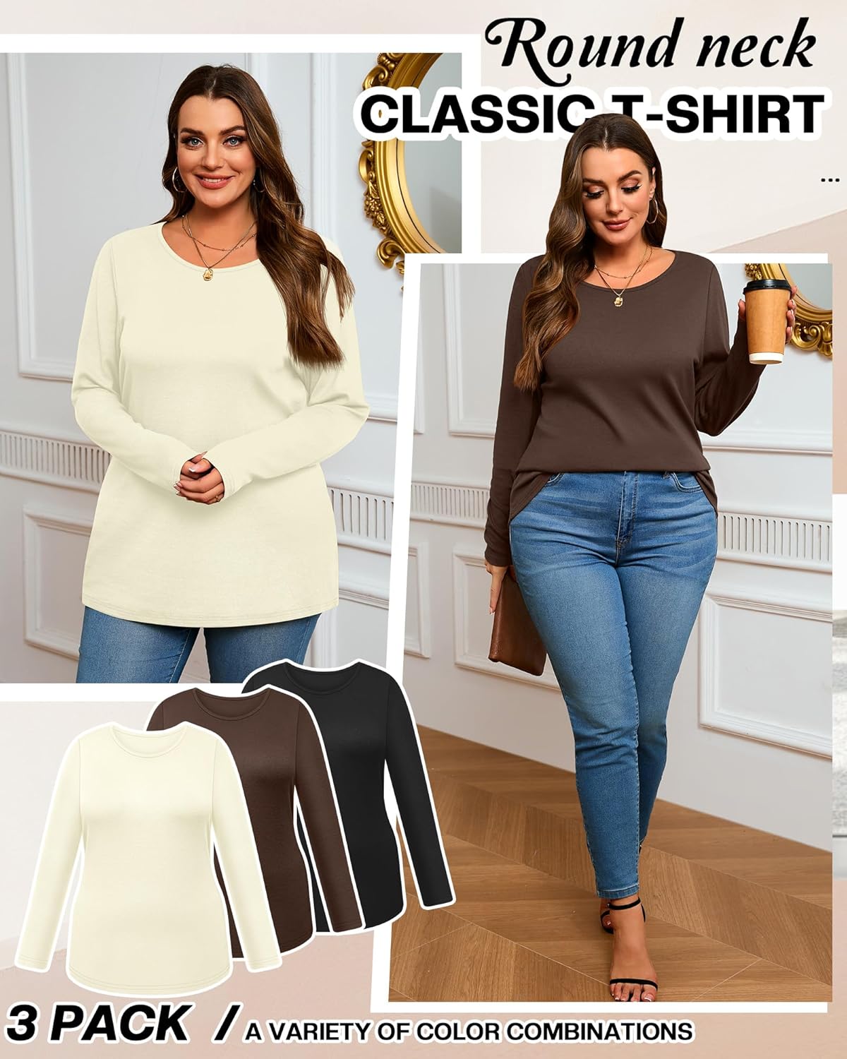 3 Pack Women's Plus Size Cotton Shirts, Scoop Neck Long Sleeve Casual Tops Form Fitting Knitted T-Shirts Blouses - Image 4