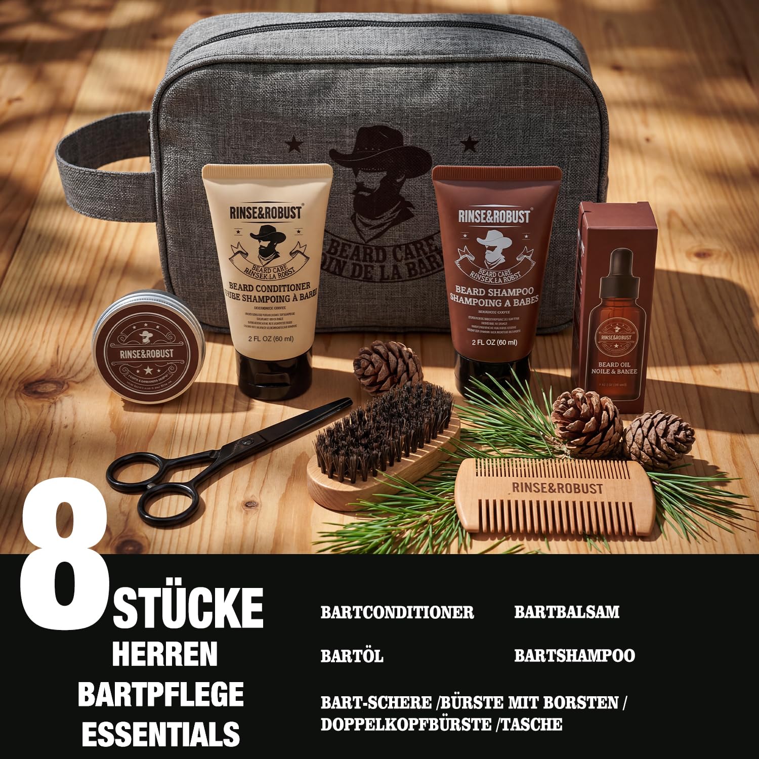 Rinse&Robust 8-częściowy zestaw do pielęgnacji brody z torbą podróżną, zapachem eukaliptusa, szczotką, grzebieniem, nożyczkami do brody, szamponem do brody