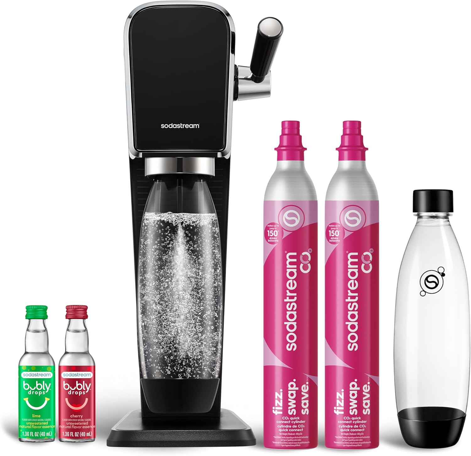 SodaStream - ART Sparkling Water Maker | VALUE BUNDLE | CQC CO2 system | Includes 2x CO2 Cylinders, 2x 32 Fl Oz Dishwasher Safe Bottles, 2x Bubly Flavor Drops | Combine with Pepsi Flavors | Black