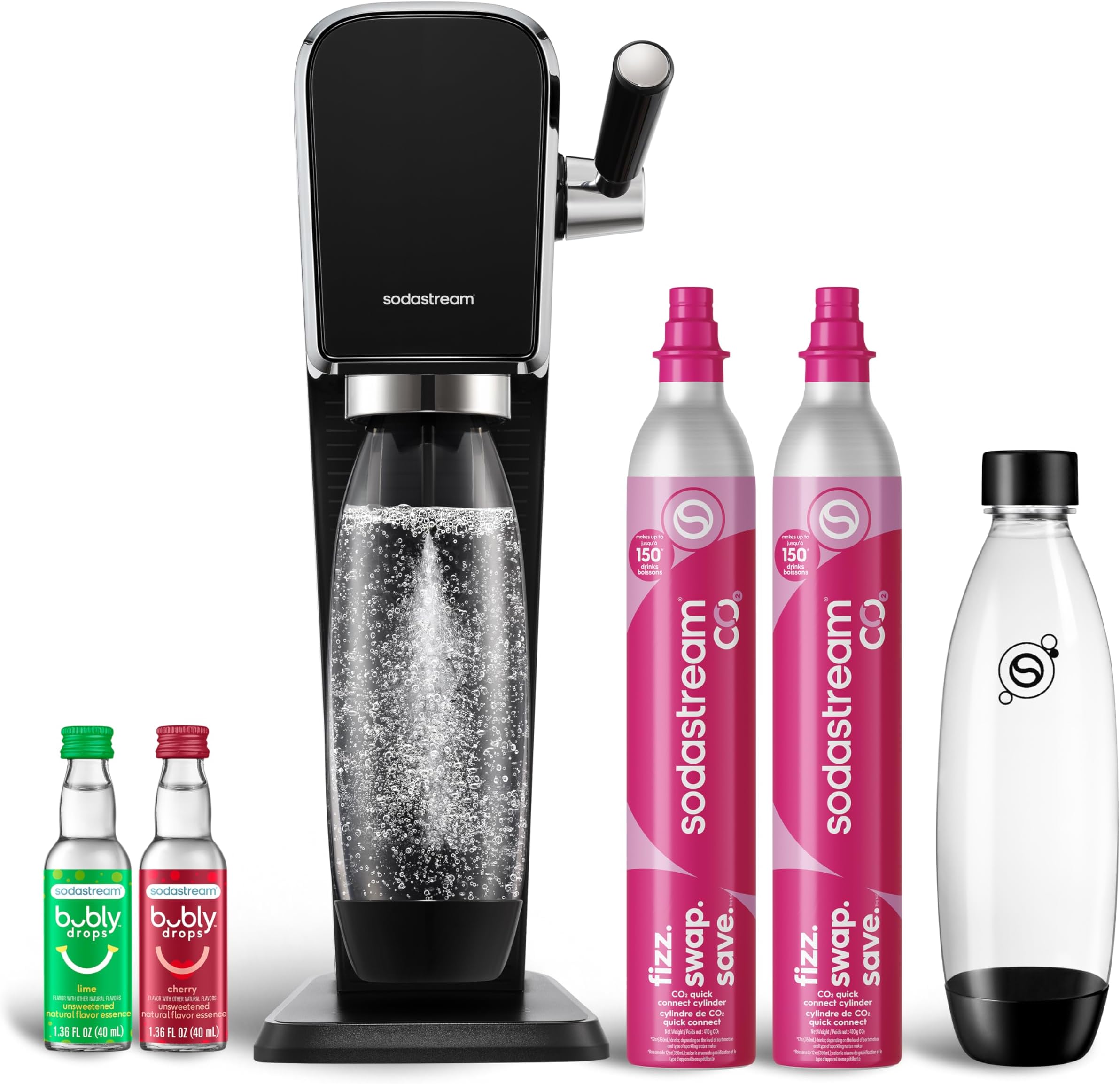ART Sparkling Water Maker | VALUE BUNDLE | CQC CO2 system | Includes 2x CO2 Cylinders, 2x 32 Fl Oz Dishwasher Safe Bottles, 2x Bubly Flavor Drops | Combine with Pepsi Flavors | Black