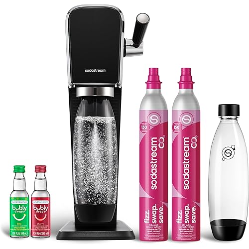 SodaStream - ART Sparkling Water Maker | VALUE BUNDLE | CQC CO2 system | Includes 2x CO2 Cylinders, 2x 32 Fl Oz Dishwasher Safe Bottles, 2x Bubly Flavor Drops | Combine with Pepsi Flavors | Black